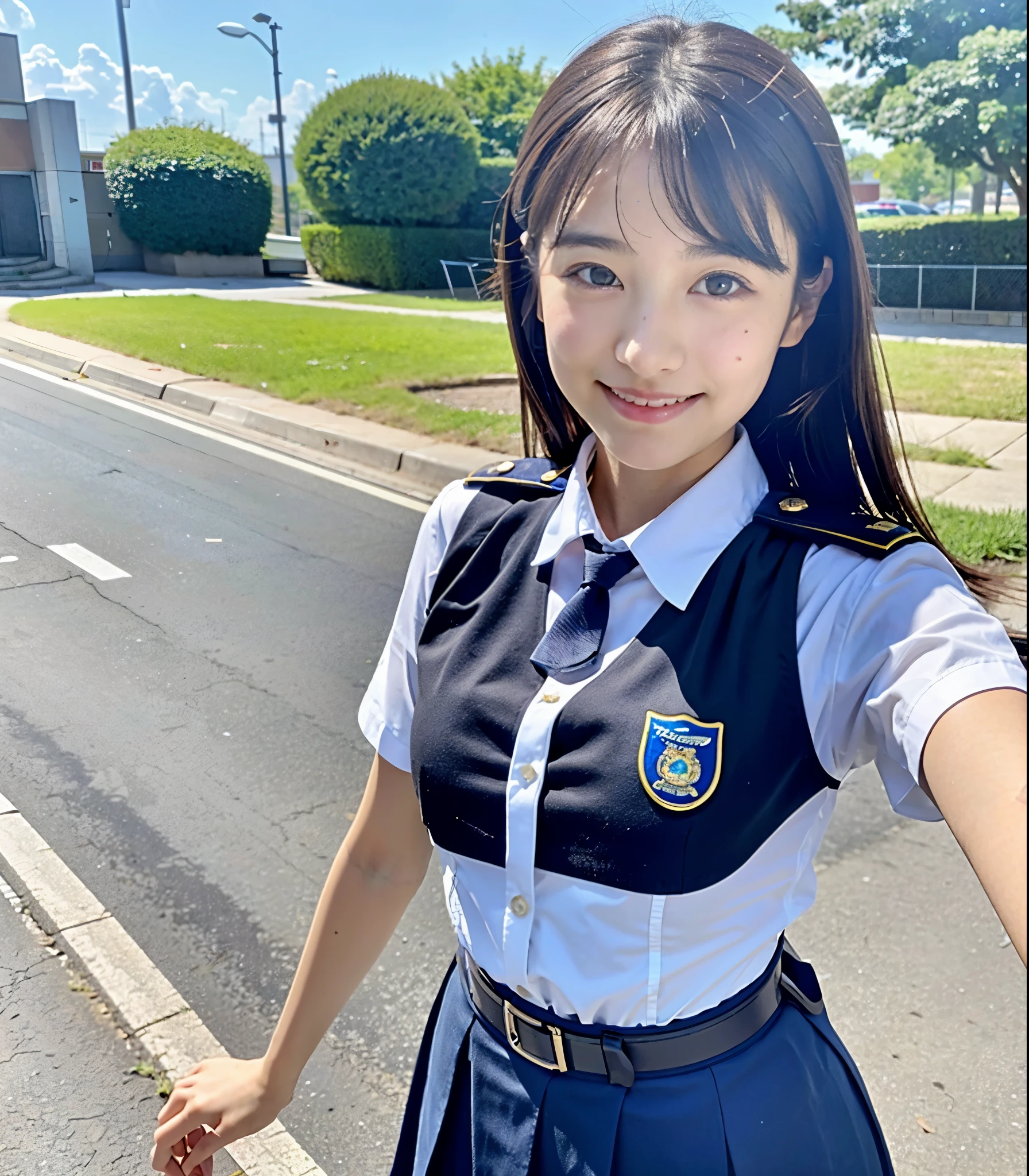 Highest quality, masterpiece, Ultra-high resolution, (reality: 1.4), Original photo, One Woman, mature, Smile, short hair, Plump body, , Cinema Lighting, From below, High school girl on a crowded train, Wear a uniform, ahegao, Stick Out Tongue