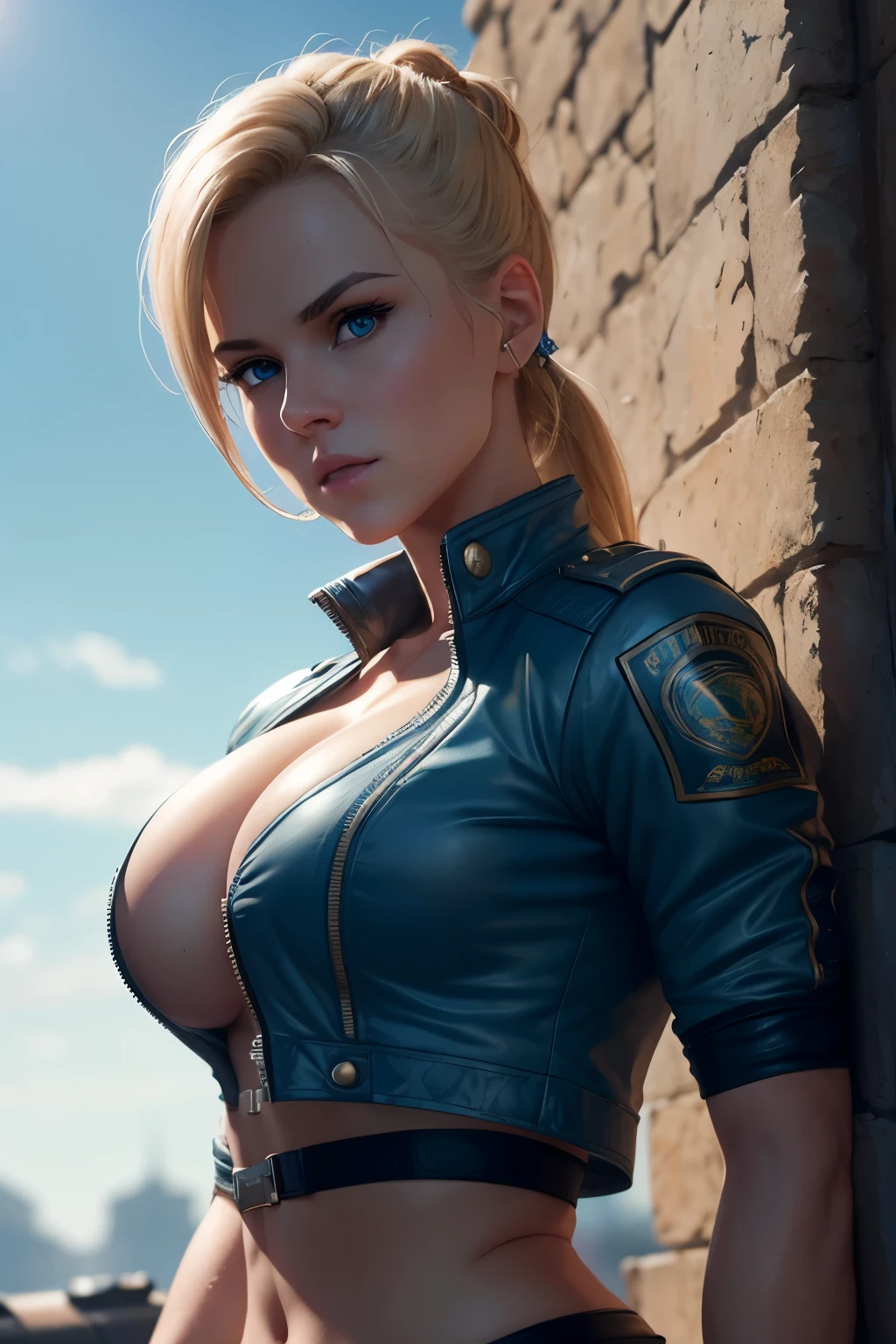 masterpiece, best quality, realistic image, ultra-detailed, depth of field, (photorealistic), dynamic position, fighting position, sonya blade, cute european girl, short jacket, crop top, blue eyes, blonde hair, midriff, sunny blue sky, cinematic light, sharp focus, detailed cleavage, Unity 8K wallpaper, looking at viewer