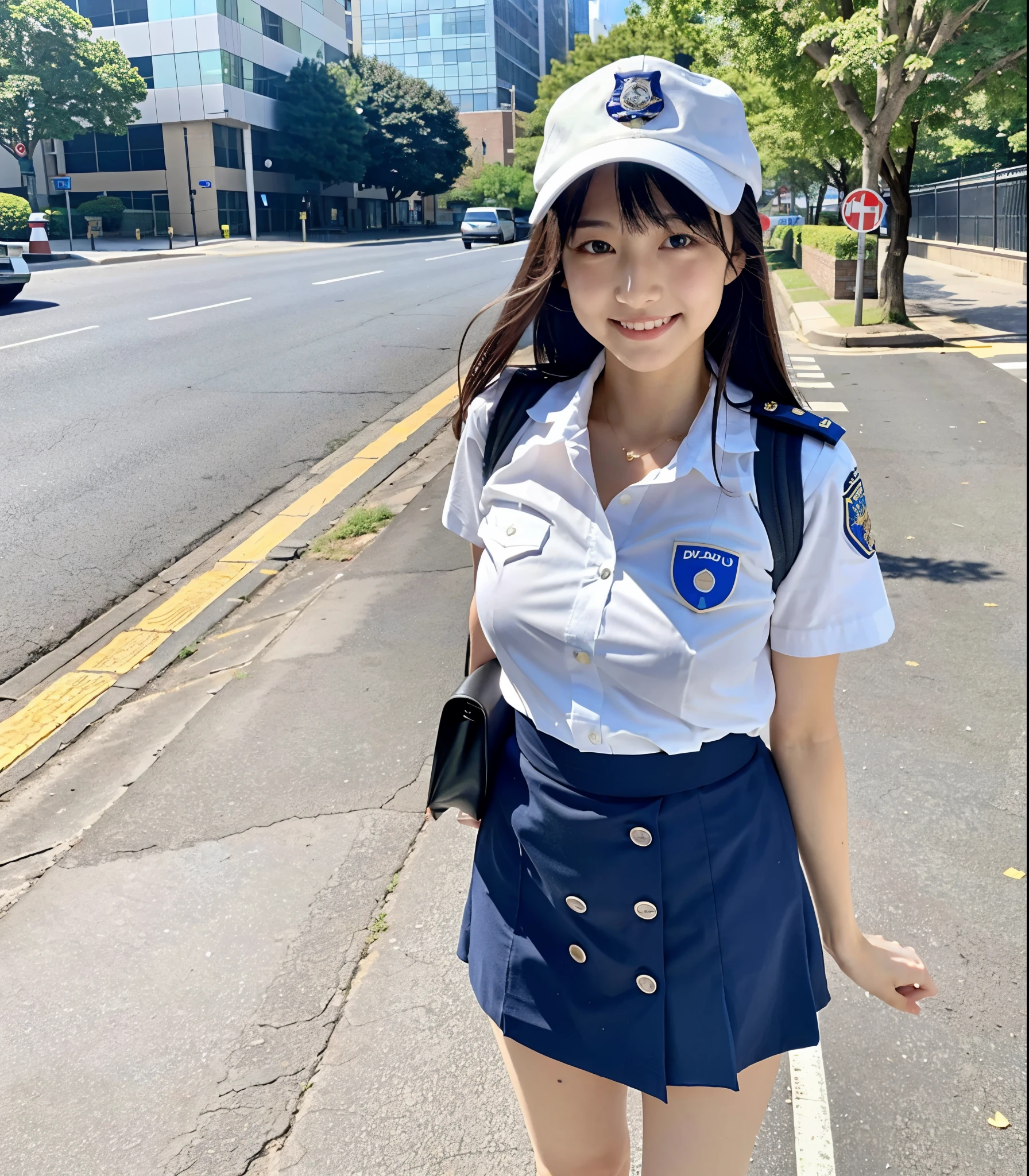 ((highest quality)), ((masterpiece)), (detailed), Perfect Face, A 20-year-old girl as cute as a 16-year-old idol, A kind smile, Very cute、Young face、Female police officer, Police uniform, Police uniformはCleavageが見えるデザイン、mini skirt、Cleavage, whole body, whole body像、City Sidewalk, Genuine stick, Genuine、Real