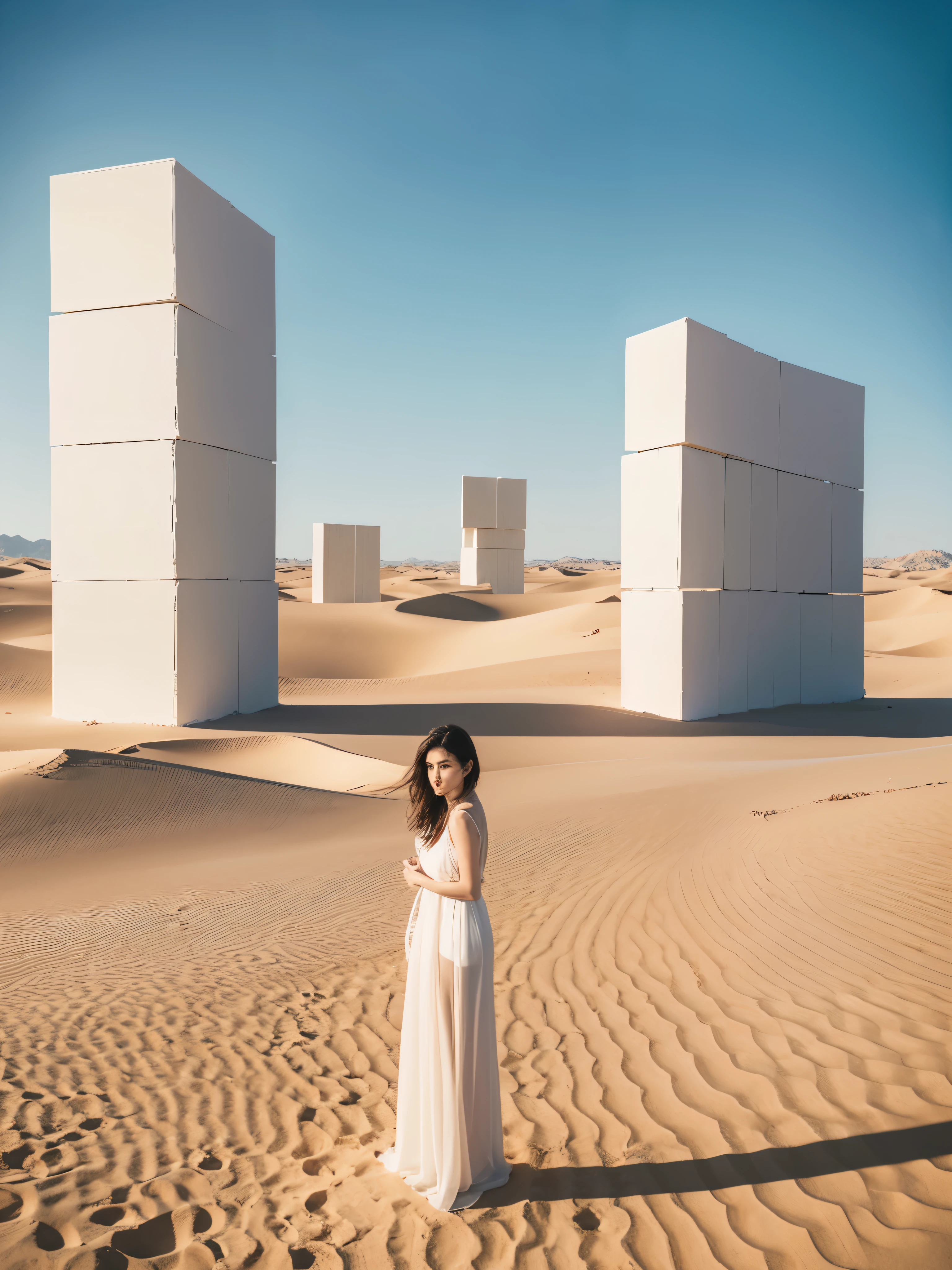 Look up slightly，front，A man stands in the desert，Background is many white squares，Irregular arrangement of transparent blocks，Sunny Day，Reality，Highly detailed，8k，illumination，Octane Rendering，16 bits，Hyper-Reality，Rembrandt Light