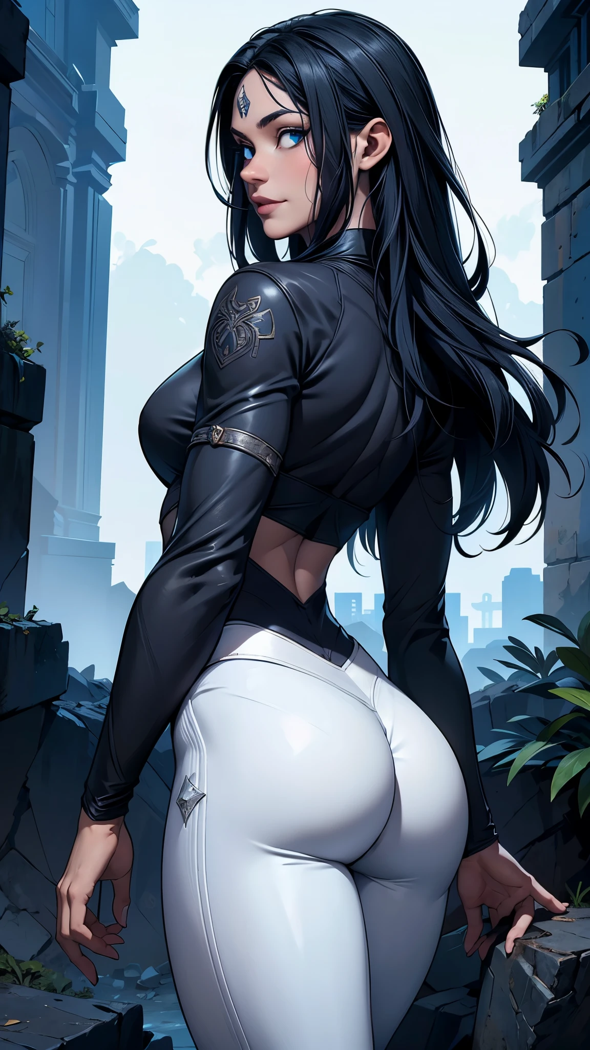 1 girl huge muscles black hair yellow eyes long hair grey background pale skin black leggings (huge ass) long sleeve black shirt
