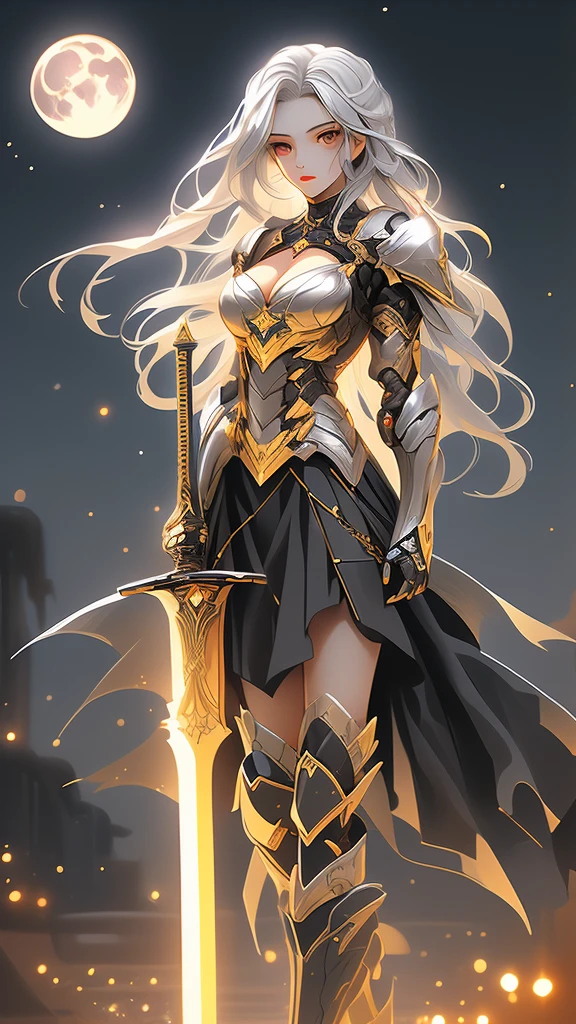 Girl with long silver hair, golden eyes, silver forehead protector, black armor, chest, cleavage, iron armor, skirt, iron boots, whole body, long sword, night sky, moon