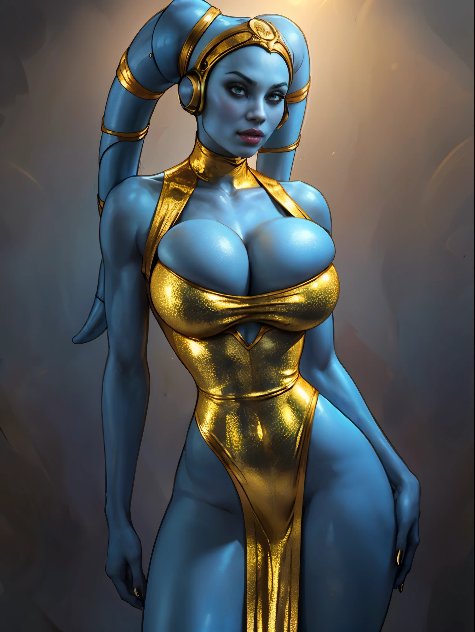 Tall, (thin), Blue Skin Twi'lek with (large breasts) wearing a tight short gold dress, keyhole cleavage, high-neck, sleeveless, large breasts, cleavage, tall, graceful, (tall), slim hips, small waist, full-body shot