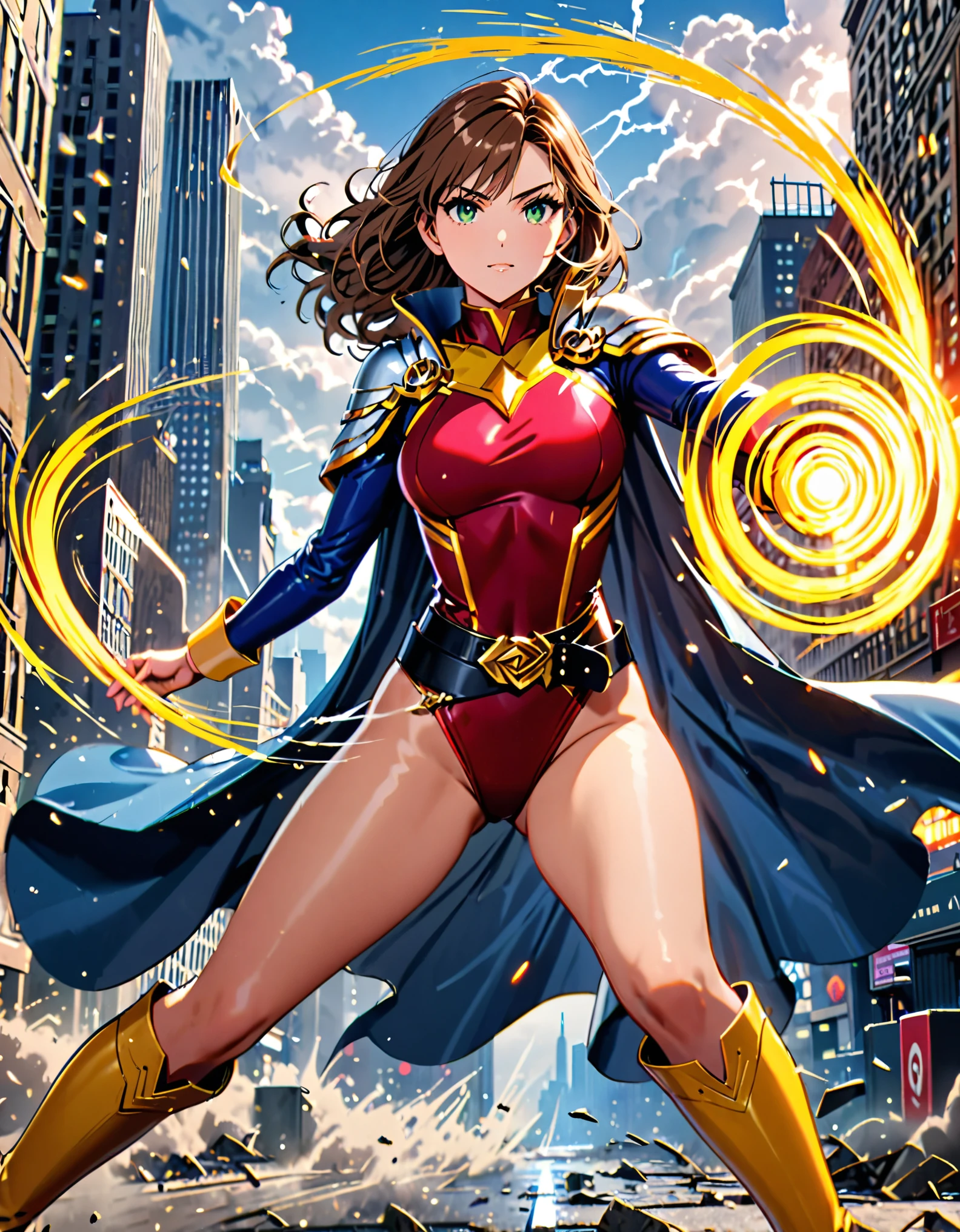 (masterpiece), (best quality), (high res), 1lady, tall body, beautiful detailed eyes, beautiful detailed face, perfect hands, complete fingers, perfect anatomy, perfect proportions, ((brown hair, medium hair)), ((green eyes)), ((leotard, red leotard, matching leotard, bare legs)), ((boots, matching boots, knee-high boots, yellow boots)), breasts, medium breasts, (full body portrait), looking at viewer, solo, solo focus, cowboy shot, new york backdrop, (belt, tight belt), (blue sleeves, yellow cuffs), (yellow hawk symbol on chest), (medium cape, light blue cape), full body costume design. ((raised arms, spins fast in place like a tornado, she spins at an incredible speed, creating a whirlwind of air around her, cyclone spinning)), ((spiral lines, spinning energy pulse around her)). Curved Sword Slash.