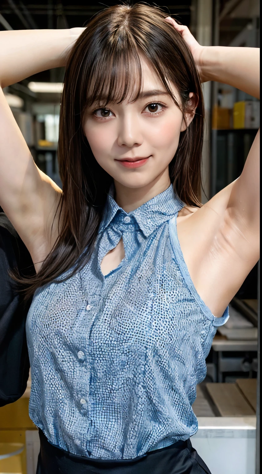 (Realistic:1.3、Ultra HD、Ultra-high resolution、8k、Japanese office lady、Realistic、black collared shirt、At work、)、((Look Viewer:1.8))、(Extremely realistic skin texture:1.4)、(Realistic:1.3)、short hair、(((Embarrassed expression:1.5)))、(40-year-old woman、Mature Woman)、Ponytail hairstyle、(Raise both arms to show your armpits:1.8)、(Face close-up:1.65)