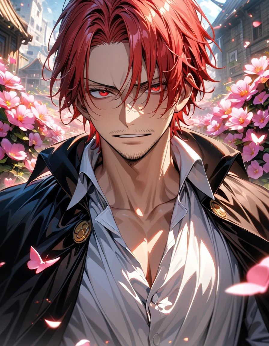 absurdres, highres, ultra detailed, HDR, masterpiece, extremely detailed face and eyes, Shanks, red hair, expressive red eyes, One Piece, solo, man, handsome, black cape, white shirt, pink butterflies, pink petals, pink flowers