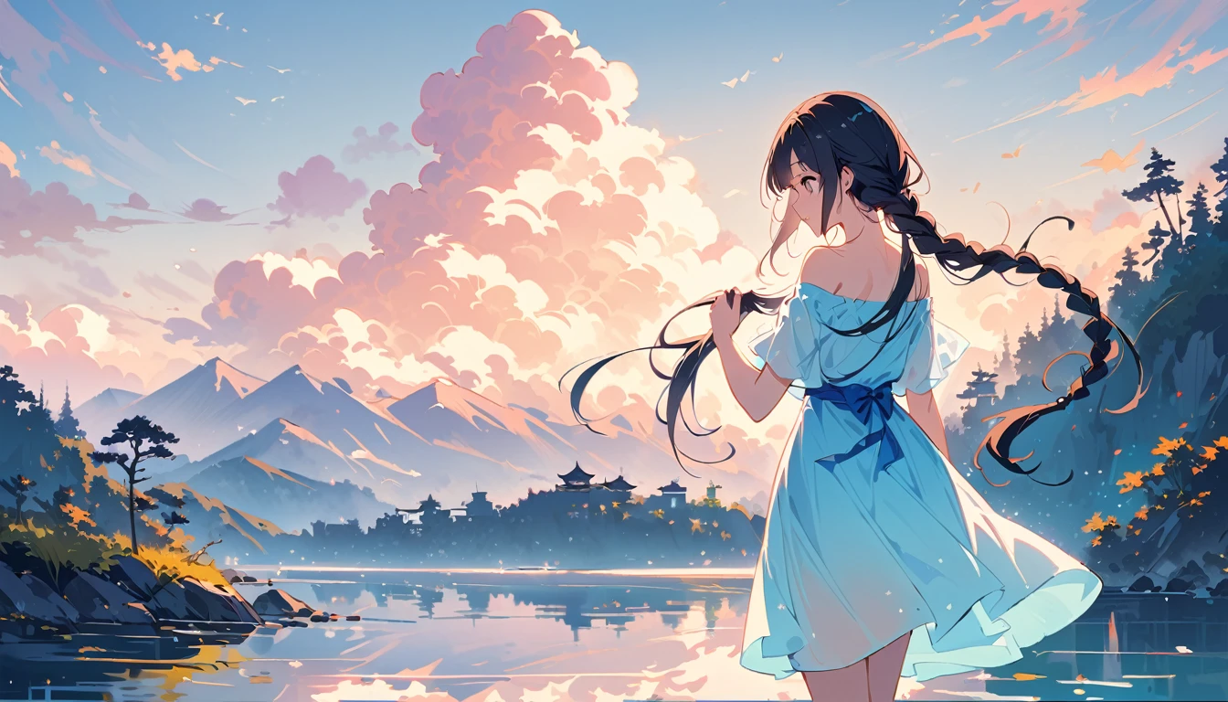 A beautiful Chinese woman with long black braids, wearing an off-shoulder blue and white gradient dress, stands by the lake in Sichuan Province. She is touching her hair as she gazes at distant mountains under cloudy skies. The photo was taken using Canon EOS R5 cameras, using natural light to highlight soft tones of sky blue and water blues. The photo was taken in the style of Chinese landscape paintings, using natural light to highlight soft tones of sky blue and water blues.