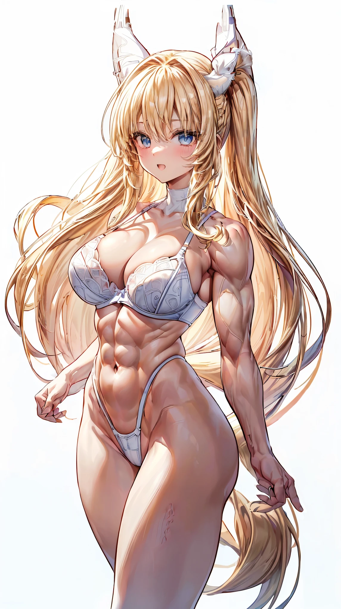 Very detailed、highest quality、Best image quality、masterpiece、8k、Anime Face、A kind smile、(Open your mouth:1.3)、Sparkling blue eyes、(Blonde semi-long hair:1.5)、(Muscles of the whole body:1.3)、(highleg:2.0)、(Thong:1.5)、Thigh belt、(Cowboy Shot:1.5)、(SFW Giant)、(Thick body:1.2)、(bra:1.5)、(sxspnts)、(Rear view:1.5)、(Pure white background:1.5)