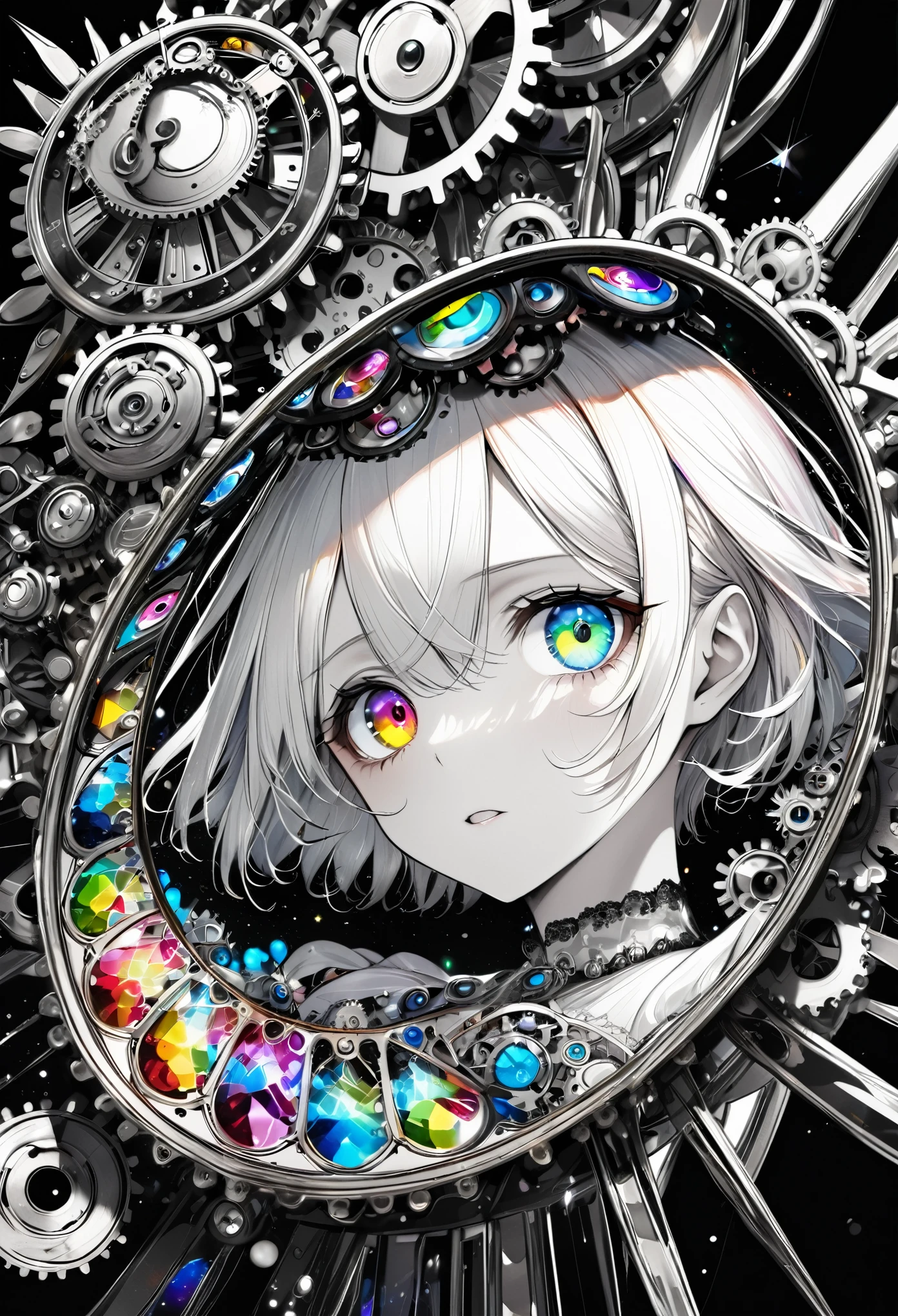 best quality, super fine, 16k, incredibly absurdres, extremely detailed, delicate and dynamic, stained glass kaleidoscope made of jewels of various colors, with mechanical mechanisms, clockwork mechanisms, and gear mechanisms, monochrome girl peering into it, (heterochromia, star-shaped pupils eye, heart-shaped pupils eye), lighting-effects, prism-effects, mirror-effects, iridescent world artwork