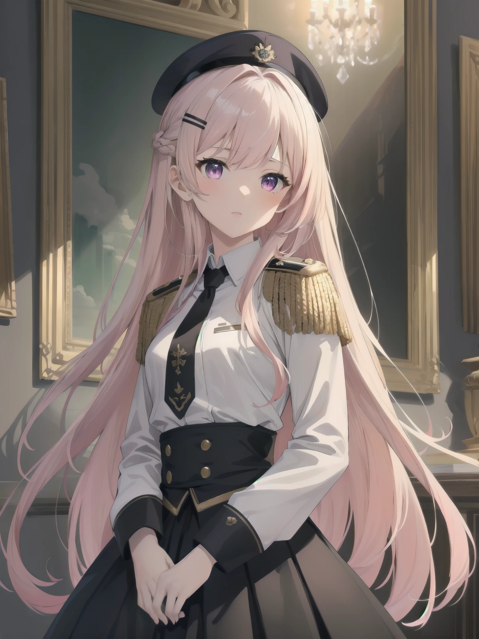 The girl wore a black German military uniform, The girl was draped in a black cloak, surreal, granblue fantasy style, extremely delicate and beautiful, upper body, looking at viewers, focus on eyes, hands behind back, grace, Perfect female body, girlan extremely delicate and beautiful girl, young, Very long hair, sliver hair, big forhead, hair over shoulder, shiny platinum blonde hair, long hair flowing with the wind, detailed face, serious, beatiful detailed eyes, medium chest circumference, white skin, holster, necktie, black capelet, gloves, German military uniform, black gauze skirt, formal, black Clothes, indoors, palace, State banquet, best masterpiece, hyper quality, ultra-detailed,purple eyes,Military uniform,1girl, solo, long hair, pink hair, hairclip, bangs, pink eyes, , pink bow, white shirt, collared shirt, long sleeves, grey skirt