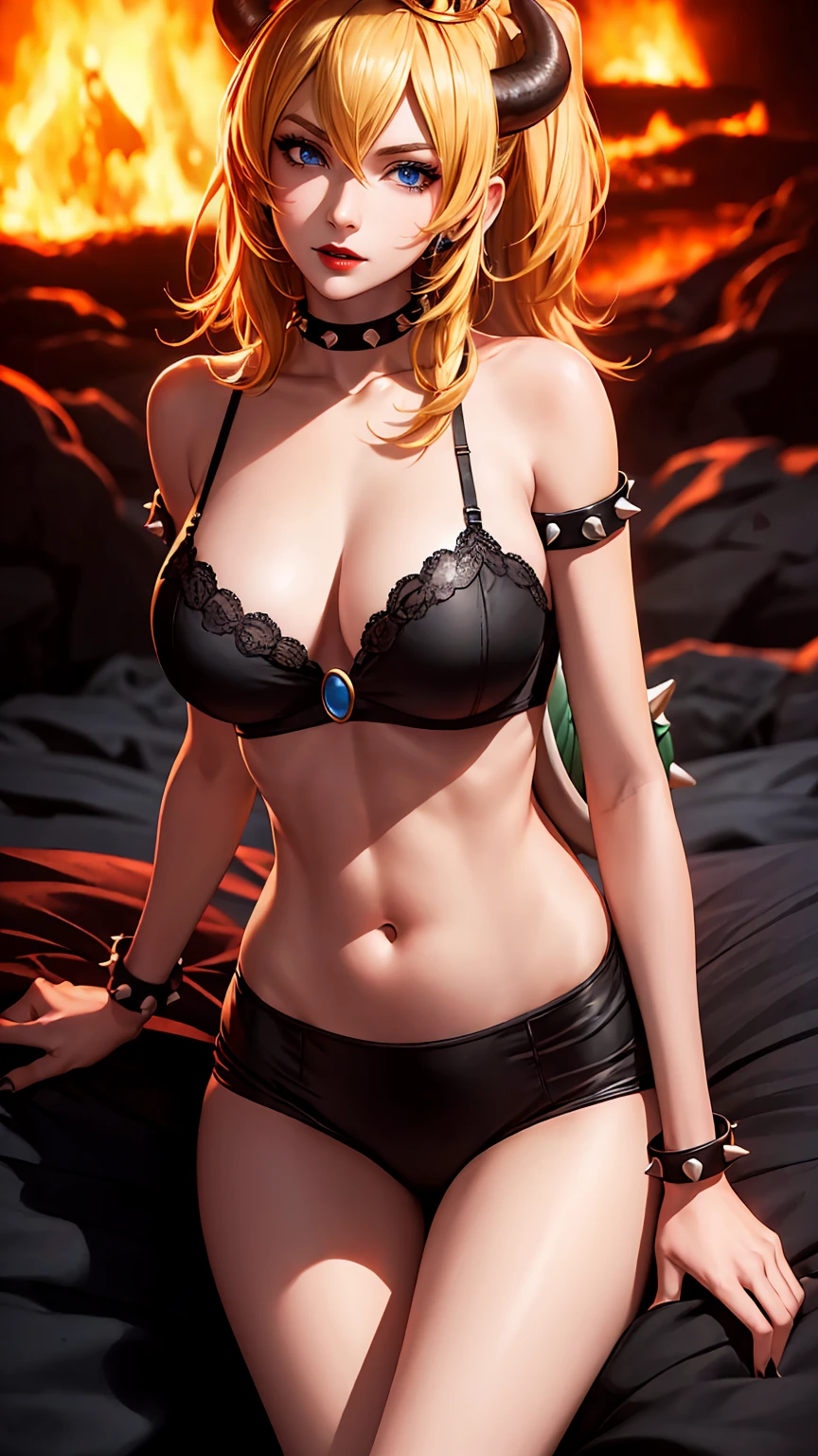 ((high detailed, best quality, 4k, masterpiece, hd:1.3)), ((best quality)), (((HD))), (((8k))), (ultraDH), (ultra HD), Princess Daisy, blue eyes, BREAK blue eyes, seductive, attractive, smooth anime cg art, 36C , long legs, vivid colors, detailed digital art, slim body, perfect skin, dark blonde hair, long hair, blonde hair, blonde hair, BREAK crown, cleavagleavage, lookiewer, BREAK looking at viewer, extremely detailed face, red santa suit, red santa claus suit, santa claus suit, earrings, gem, dark black makeup lips, dark gothic eyeshadows, dark eyeshadows, black eyeshadows, black sexy lips, black lips, rk:1.2), dark lips, very dark lips, (perfect hands, perfect anatomy), black makeup, black medium lips, black thick lips, detailed fingers, five fingers per hand, 5 fingers, (1 girl), detailed lips, detailed black lips, black painted lips, gothic painted lips, BREAK night, night sky, (breast focus), (arms outst:1.2), (from above:1.1), (breasts out:1.3), (off shoulder:white horns), (bra), inside a lava castle, she inside a sea of lava, she bathing in lava,