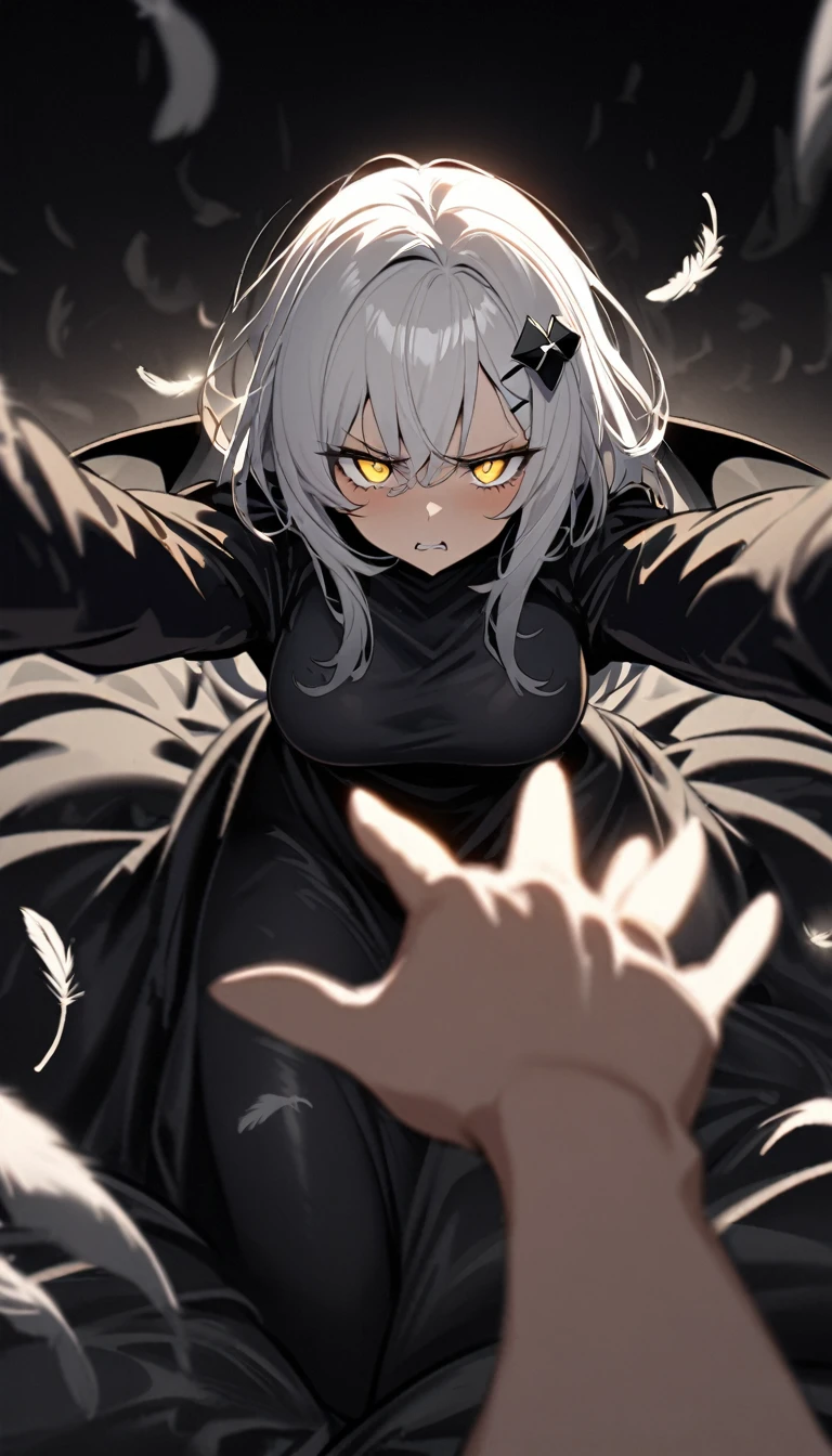 A woman, flowing white hair, melancholy eyes, yellow pupils, black diamond-shaped hairpin, tattered black dragon wings sprouting from her back, Tiny feathers are dancing, angry, arm support, arms up, incoming hug, pov, reaching, reaching towards viewer, looking at viewer, She is sitting on a super huge black silk soft duvet,
