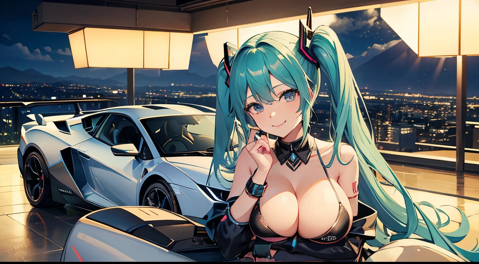 Drive a Lamborghini、Her smile in a bikini is cute、Hatsune Miku、Large Breasts、Night view、８K、Beautiful eyes