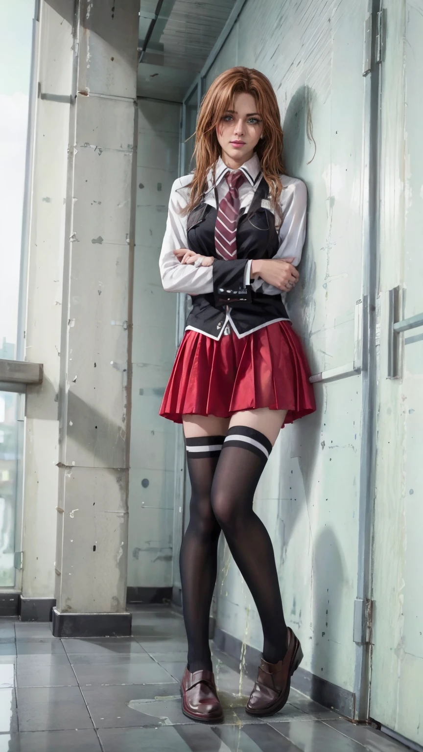 (masterpiece, best quality:1.2), highres, extremely detailed, intricate details, cinematic lighting, full body, frontal photography, lower angle view, looking at viewer, solo, 1girl, standing with hands on hips, huge breasts, bbuniform, fabric texture clothes, vest, collared shirt, miniskirt, thighhigh, loafers, pale skin, detailed face, detailed eyes, thighs, knees, (peeing self,urine puddle,desperate pose for peeing,desperate face), photo background, indoors, hallway,