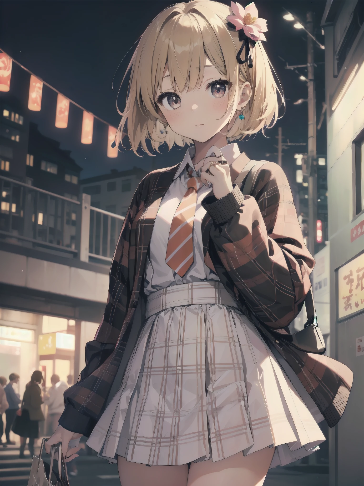 sendo yuuhi, short hair, hair rings, hair ornament, , shirt, necktie, jacket, brown sweater, long sleeves, white skirt, plaid skirt, kawaiitech, pastel colors, kawaii, cute colors, jyojifuku, obi, wide sleeves, yukata, dress, floral print