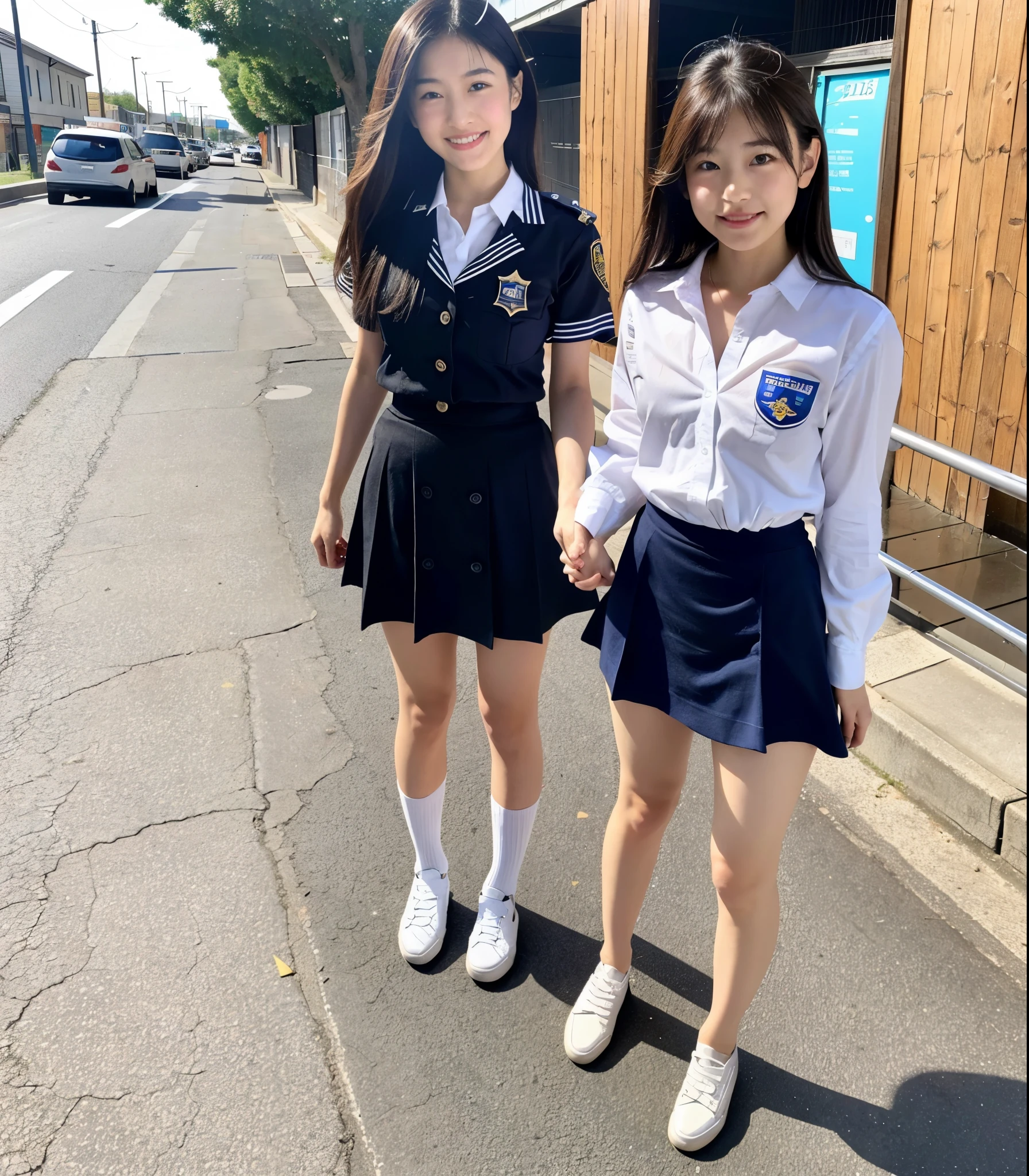 ((highest quality)), ((masterpiece)), (detailed), Perfect Face, A 20-year-old girl as cute as a 16-year-old idol, A kind smile, Very cute、Young face、Female police officer, Police uniform, Police uniformはCleavageが見えるデザイン、Cleavageがはっきり見える、mini skirt、Cleavage, whole body, whole body像、City Sidewalk, Genuine stick, Genuine、Real