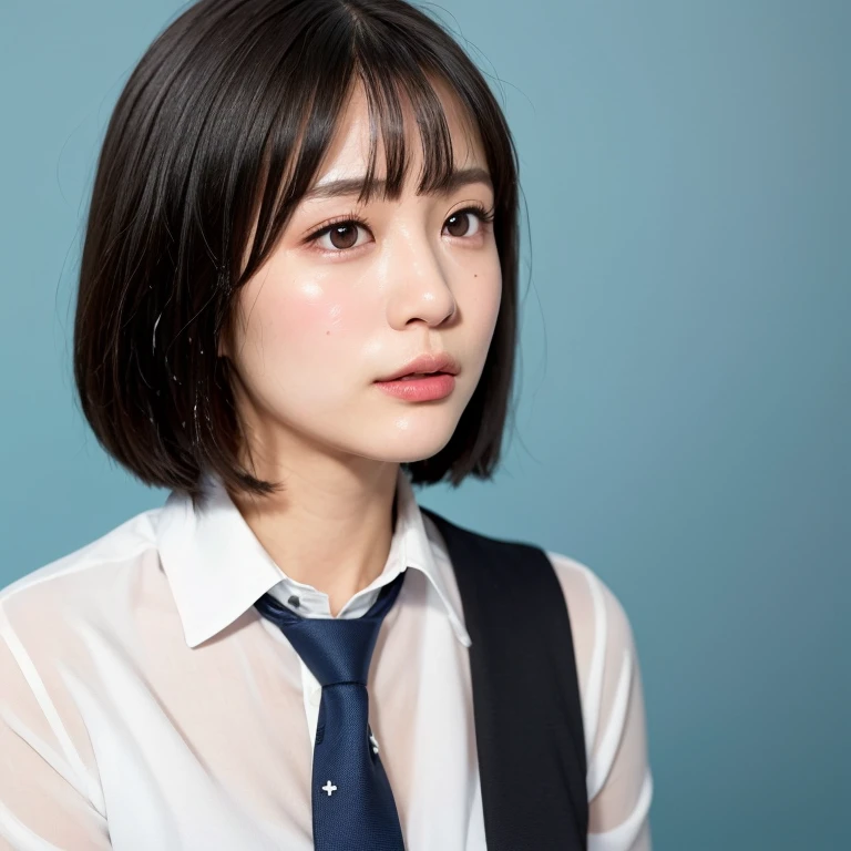 NSFW, (kawaii 24 year-old Japanese girl, Nogizaka idol, Korean idol), (glossy hair, very short hair, bangs:1.3), (beautiful black eyes, rounded face, single eyelid, no makeup:1.4), (embarrassed, noseblush, sex silly, orgasm, empty eyes:1.5), (cum to face, semen on the face, bukkake:1.5), (wearing suit jacket, collared shirt, necktie:1.3), (extra small breasts:0.9), BREAK, (simple blue background:1.3), (view from side, bust shot:1.3), BREAK, (masterpiece, best quality, photo realistic, official art:1.4), (UHD, 8K quality wallpaper, high resolution, raw photo, golden ratio:1.3), (shiny skin), professional lighting, physically based rendering, award winning, (highly detailed skin, extremely detailed face and eyes), Carl Zeiss 85 mm F/1.4, depth of field, 1girl, solo,