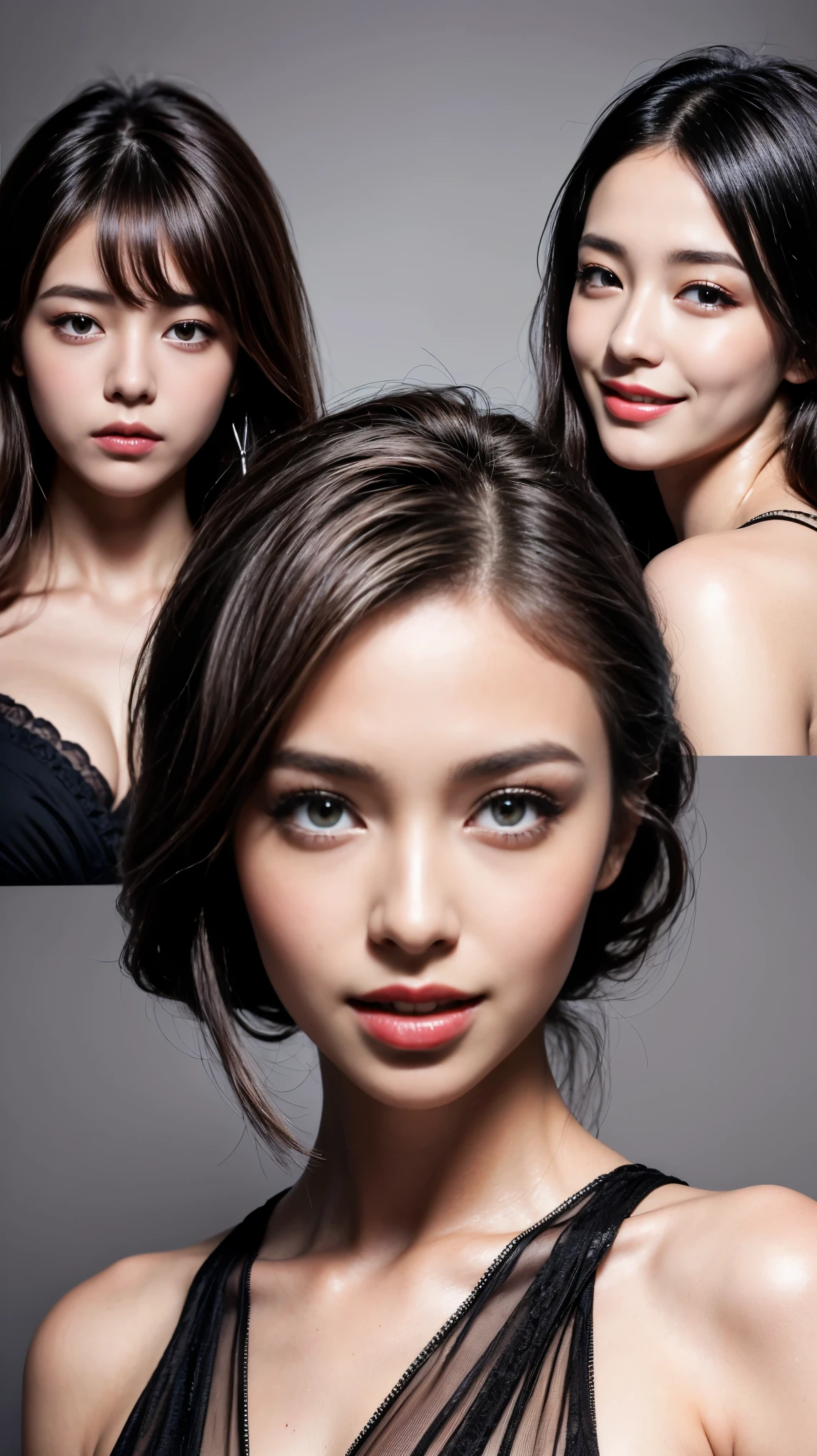highest quality,masterpiece,Ultra-high resolution,Original photo,Ultra-high resolution,Three beautiful women,Flashy makeup using red eyeshadow,Big smile,Short cut with subtle side waves,Gray background,