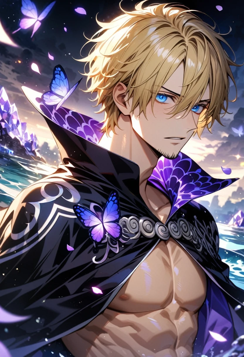 Ultra detailed, HDR, Highres, absurdres, master piece, Sanji, blond hair, expressive blue eyes, black cape with patterns, One Piece, purple glittering butterflies, purple ice, petals, purple ice roses, sexy man, solo, extremely detailed face and eyes, handsome, glittering, water, white tight shirt, toned chest,