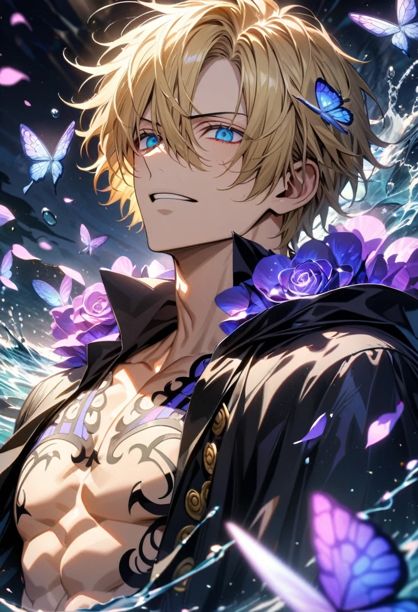 Ultra detailed, HDR, Highres, absurdres, master piece, Sanji, blond hair, expressive blue eyes, black cape with patterns, One Piece, purple glittering butterflies, purple ice, petals, purple ice roses, sexy man, solo, extremely detailed face and eyes, handsome, glittering, water, white tight shirt, toned chest,