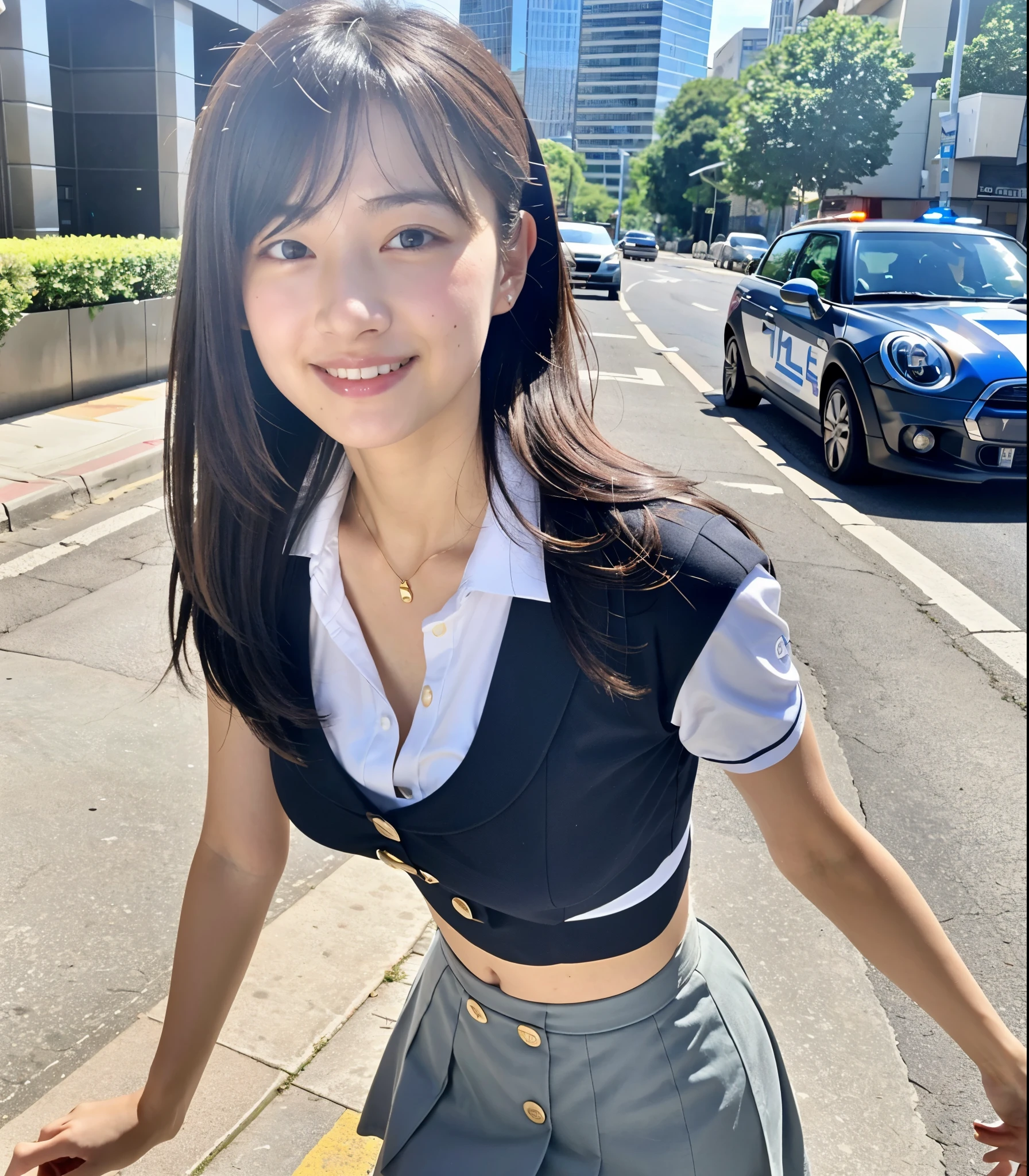 ((highest quality)), ((masterpiece)), (detailed), Perfect Face, A 20-year-old girl as cute as a 16-year-old idol, A kind smile, Very cute、Young face、Female police officer, Police uniform, Police uniformはCleavageが見えるデザイン、Cleavageがはっきり見える、mini skirt、Cleavage,  whole body, whole body像、City Sidewalk, Genuine stick, Genuine、Real