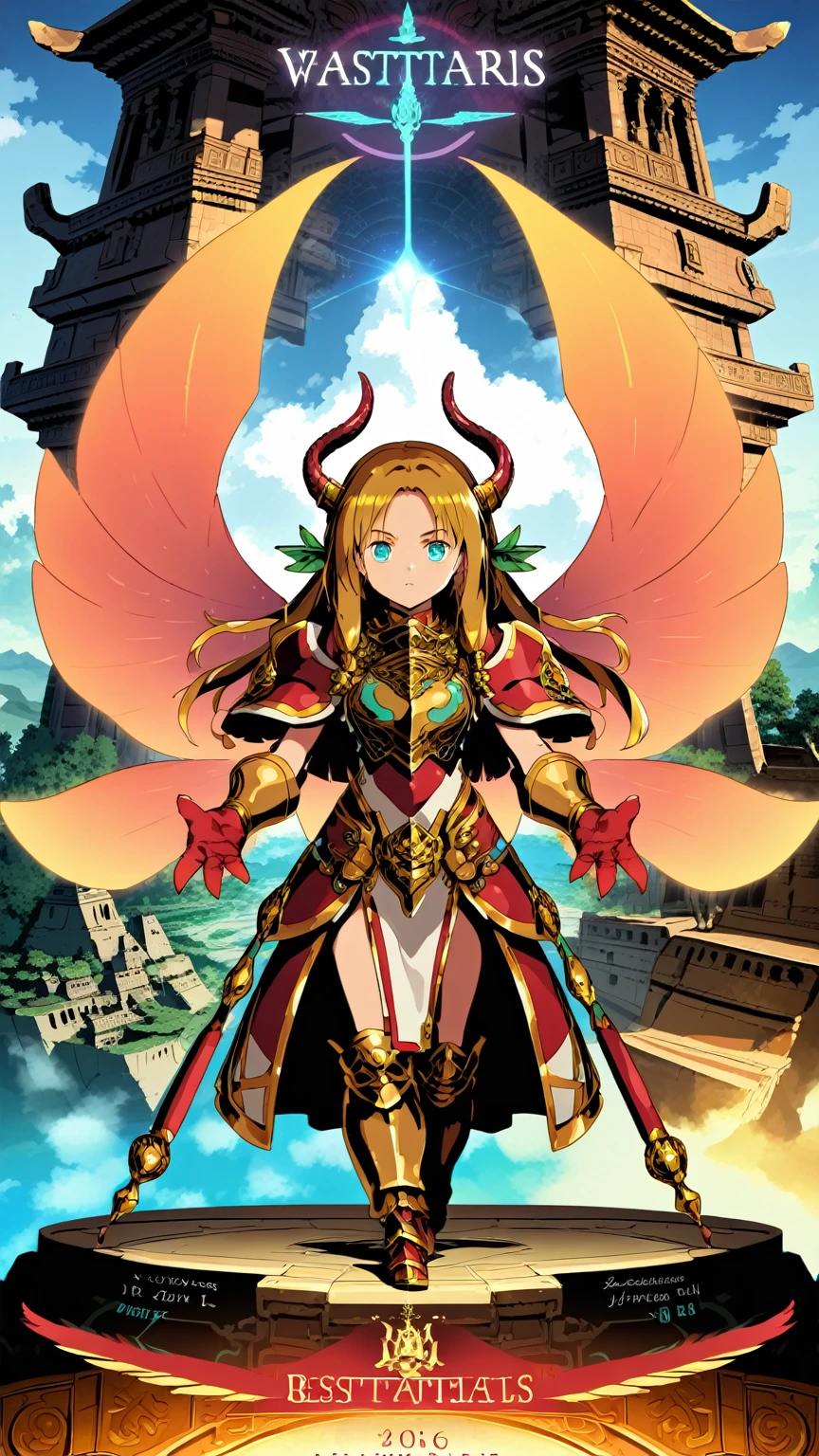 score_9,source_anime,1girl,tall girl,standing,(beautiful_detailed_eyes:1.2),shoulder length hair,golden hair,turquoise eyes,looking at viewer,dragon,dragon wings,serious,ancient temple, full-body, (Masterpiece, best quality, highres, detailed:1.5),(detailed hands:1.5), dragon tail,wearing gold armor, covered face,