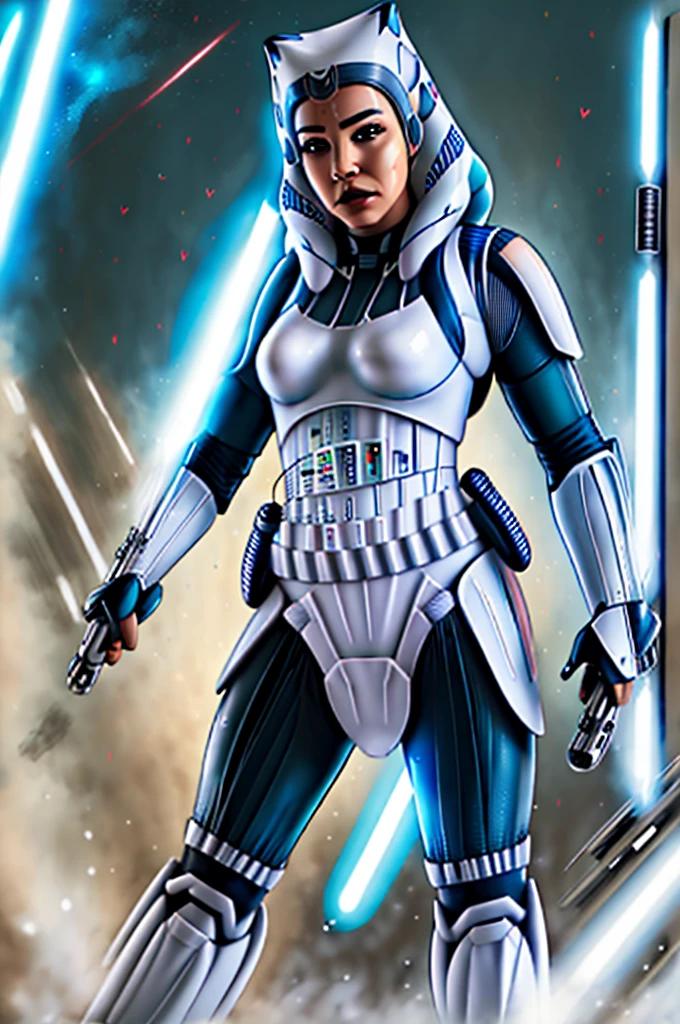 Photo of a  (ahsoka) as ((((Stormtrooper)))) from Star Wars, (full body), ((Dynamic portrait)), ((Hyperrealism)), ((Detailed RAW color art)), ((Bokeh effect)), ((Leading Lines Shot)), ((Tilt-Shift (Simulating Miniature Scenes))), ((Butterfly lighting)). She wears the iconic Stormtrooper armor with a glossy black finish and thigh-high boots. Her medium-sized breasts are hidden underneath the rigid structure of her uniform. Her eyes are covered by the helmet, but her expression is determined and focused, creating an intriguing contrast between her impassive face and the lively background. The photograph, taken with a high-end
