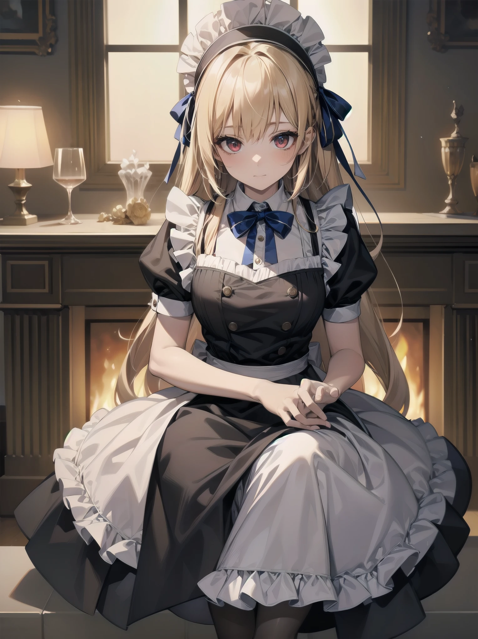 (Cowboy Shot:1.3),Blonde,Perfect Eyesm,Red eyes,solo、 Maid, Maid headdress, Maid apron, Blue ribbon,masterpiece,Noise Reduction,Perfect Anatomy,High resolution, Very detailed,Game CG,Dutch Angle ,Beautiful fine details,Visual Arts,Five Fingers, Perfect hands, 完璧なillumination,Luxury House、table、illumination、fireplace、Chair、High-end furniture、sit、Turning from sideways、Beautiful feet、Black pantyhose