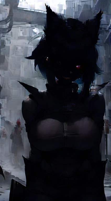 1girl, short_rebellious_hairblue_hair, hair tips to the side, scary_eyes, short_hair, hair just blue, Mouth_open_teeth_sharp_fangs, Evil smile_sharp_wild teeth, skin black as darkness, black_iris, scarlet_red_pupil, black, sclera, soulless_black_eyes, Glowing eyes, looking_at_vi ewer, holding, shirt, pant, animal_ears, blue_ ears, wolf_woman, blue_tail, body_perfect, Milf_body, female_body_muscular, big_breasts, scar_on_thighs, scar_on_the abdomen,vampire slayer_outfit