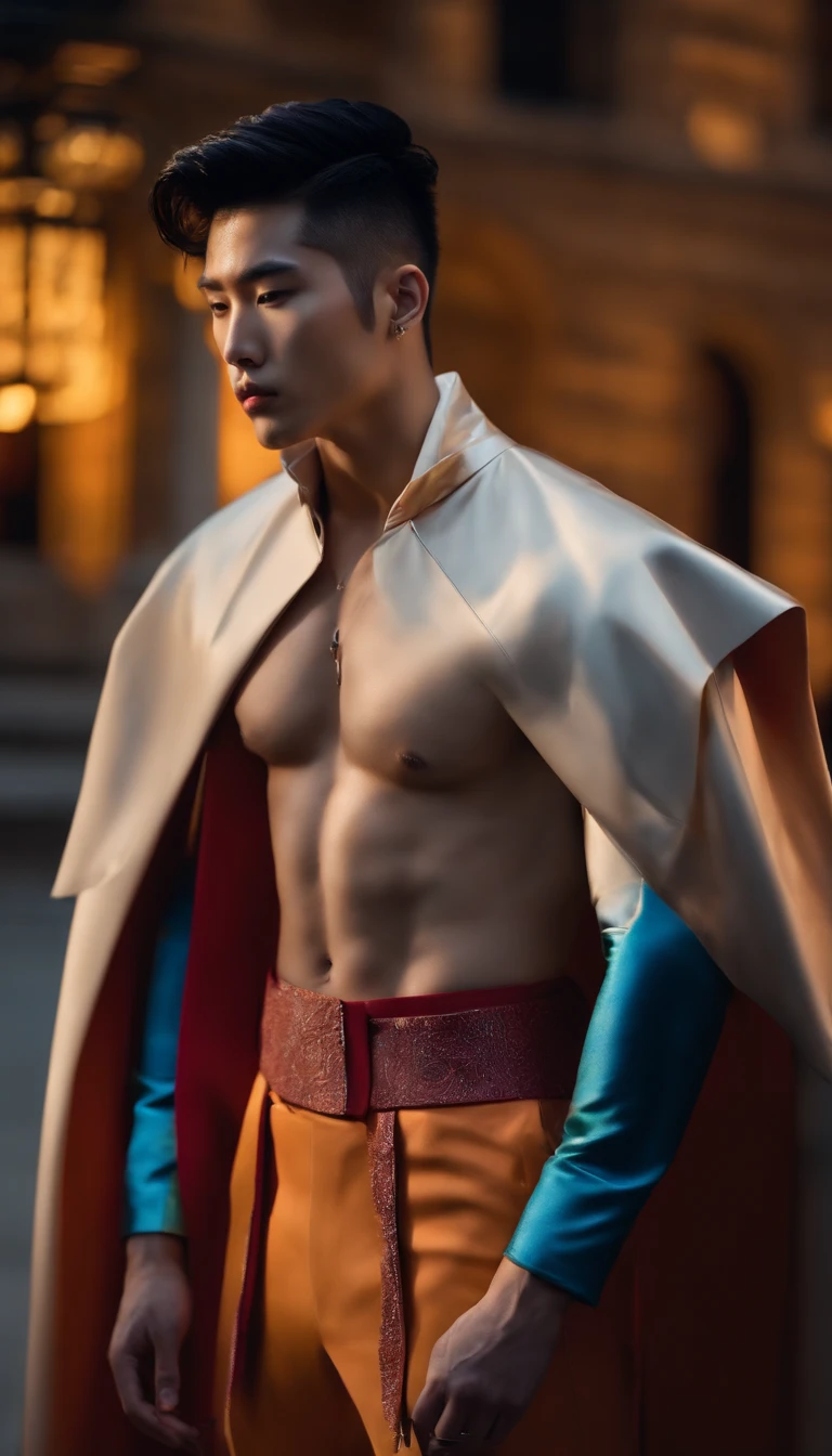 Fashion photo of Korean male model with black undercut hair, muscular body, wearing flash cinematic style cape jacket