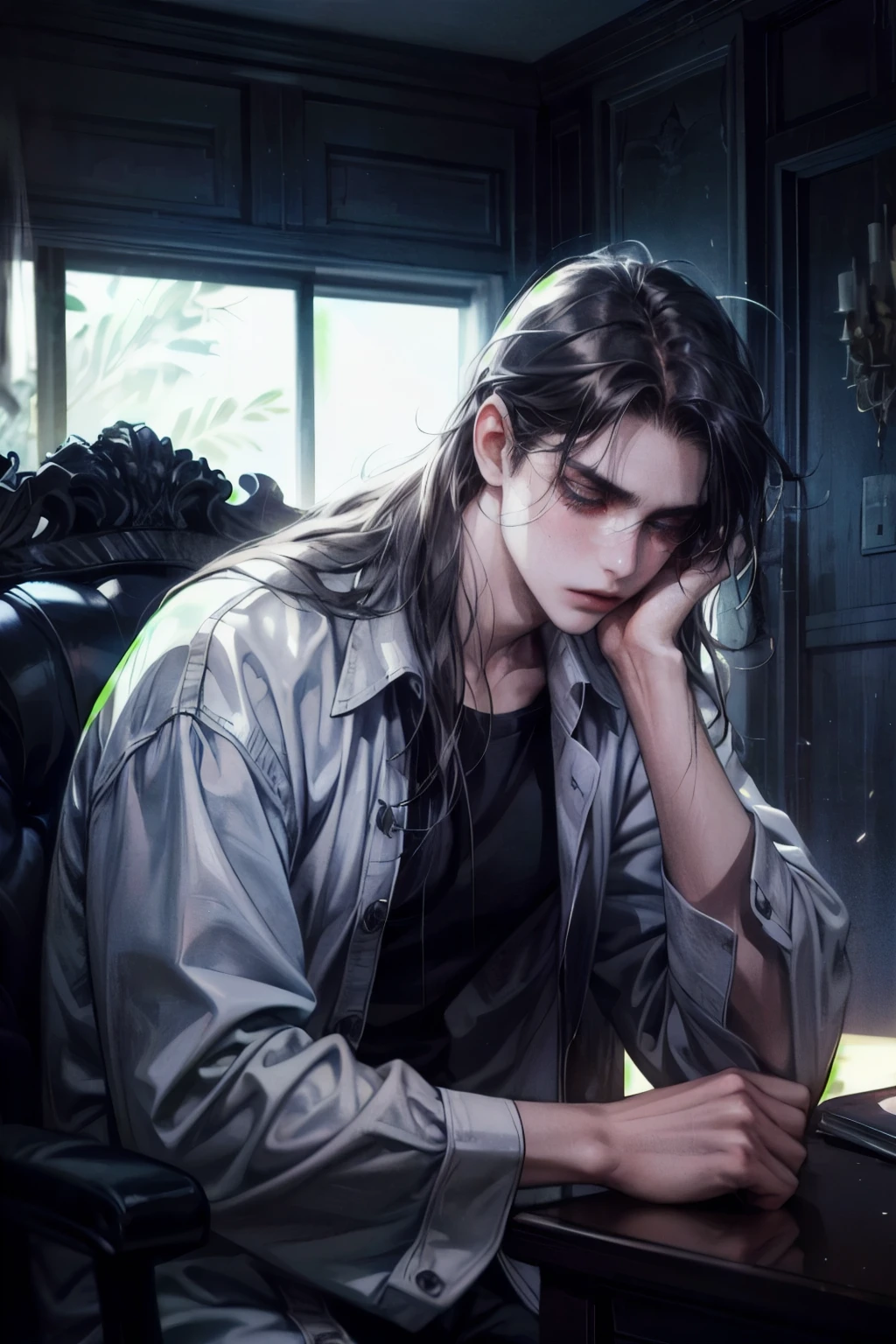 One man, lazy, tired, beautiful, long hair, dark hair, messy hair, depressed, tall, gloomy, dark environment with warm lighting