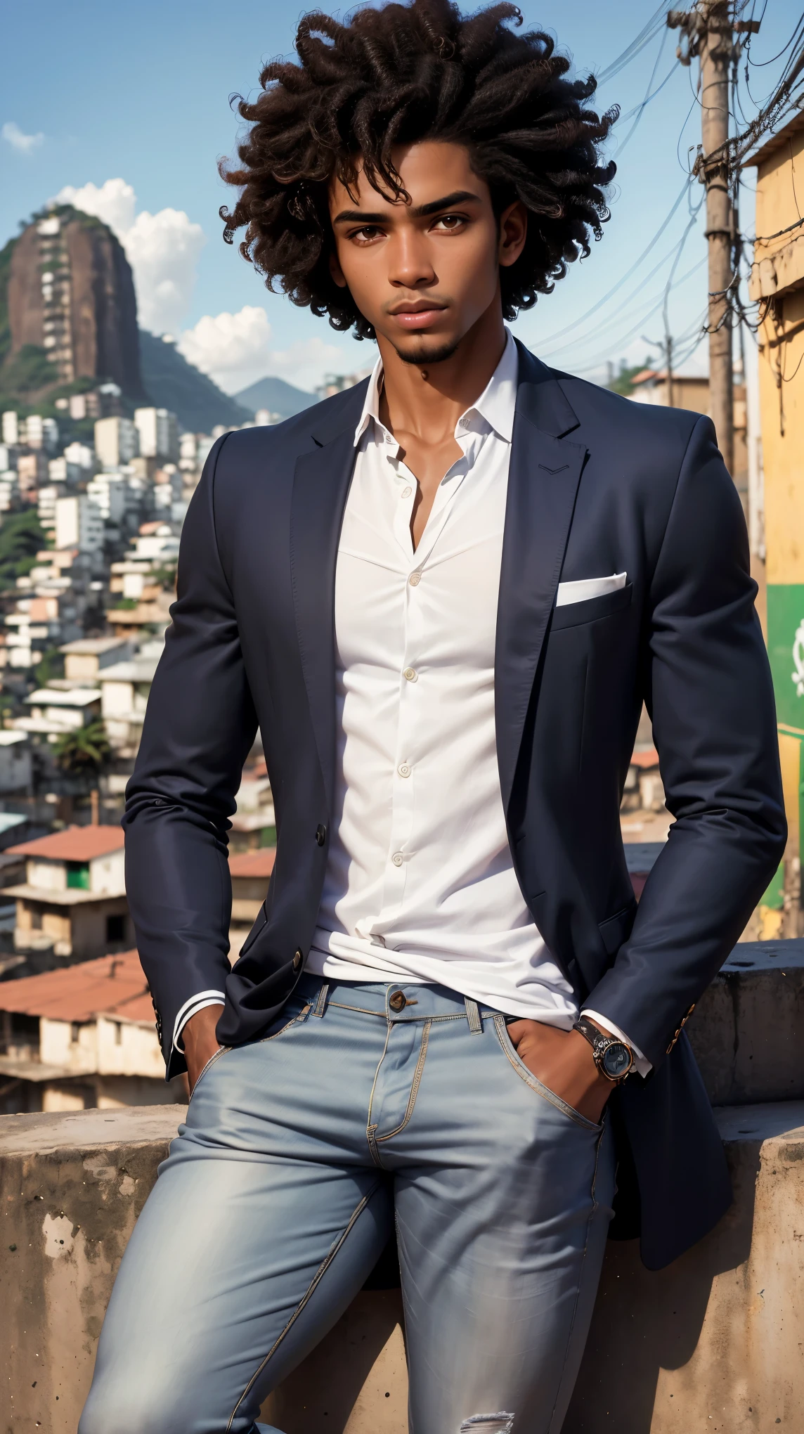 young 25-year-old Afro-Brazilian, ((( man))), lawyer, ((curly hair)), black skin, ((short hair)), with extremely perfect fingers, perfect hands, looking at the camera, sideways, wearing a gray blazer, white shirt, jeans, in a pose with hands in pockets, (((in the background favela hill in the city of Rio de Janeiro))), full body
