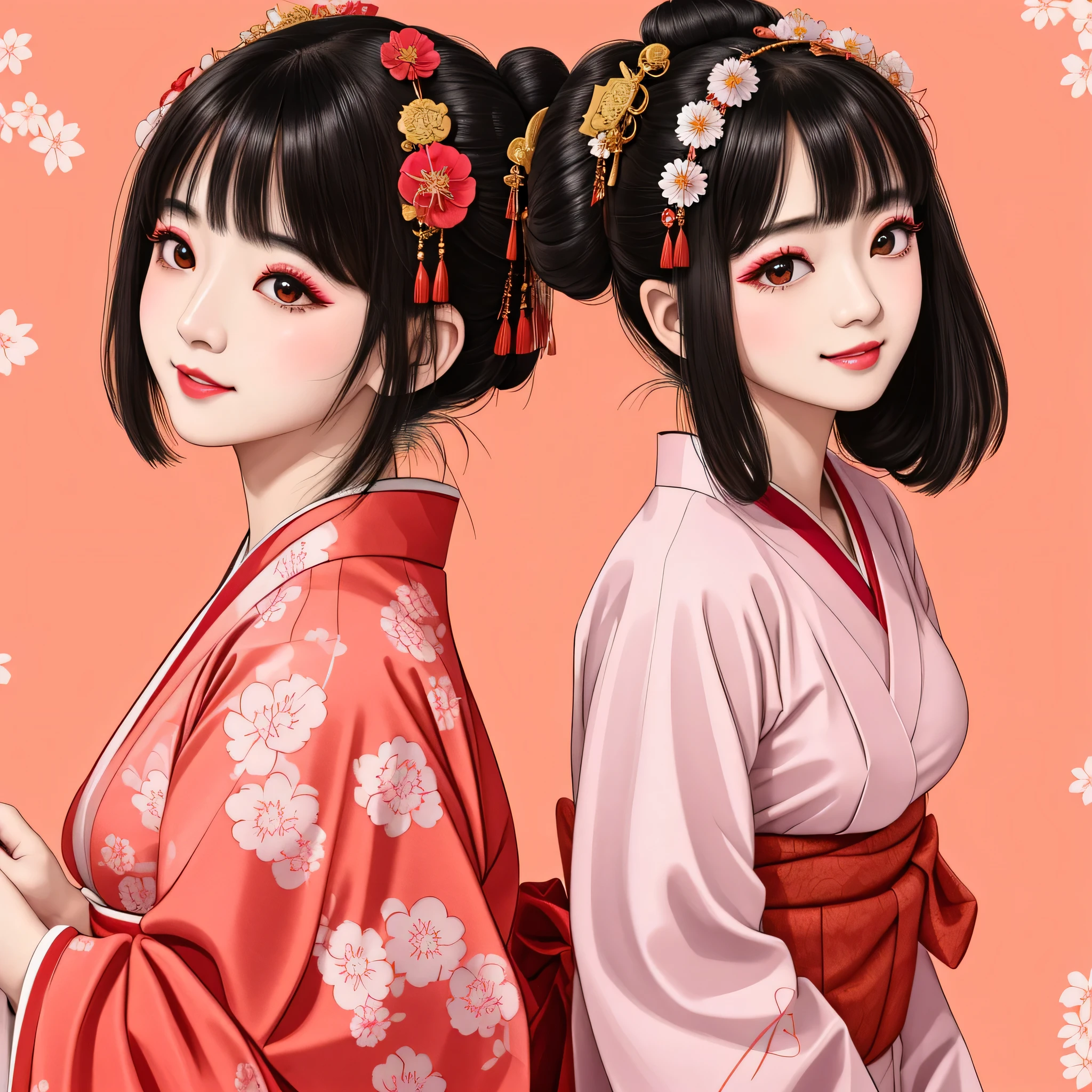 Each has a different expression2People and sisters、(2 girls)、⦅Dancing traditional arts with grace)、((Big Breasts、Small Face、Not exposed))、highest quality、masterpiece、(Black Hair、Bun Hair)、Brown Eyes、⦅Wide angle、Angle from above the waist and diagonally below、Pause on the magazine cover、Their gazes are different, gazing into the distance⦆、(8K High Quality、masterpiece、High resolution、Realistic and beautiful light and shadow、(highest quality)、(High Resolution)、(Very delicate and beautiful)、(Beautiful 8k face)、(With a smile、Beautiful eyes)、(Clear skin)、(Soft hair)、(8Head to Body)、(A Japanese style yukata kimono with red, pink and orange floral patterns on a white background, interspersed with gold powder、Five beautiful Japanese girls wearing yukata)、((Tanabata decoration background))、((Small Face))、(arms up)、Thin and small nose、(Red lipstick)、(Make your cheeks red)、(Glossy skin)、((Ink painting style))、Very thin eyebrows、Overall ultra-high image quality、(She is wearing maiko-style makeup.)、Whitening、Long and beautiful eyelashes、Glowing Skin、(Red cheeks),Straight nose、masterpiece、highest quality、whole body、 Eyebrows visible through hair、Bun Hair、Grin、Gal、Gal、Viewer's Eyes、Plaid、Stylish、woman、fine、Pause、
Waiting to start
