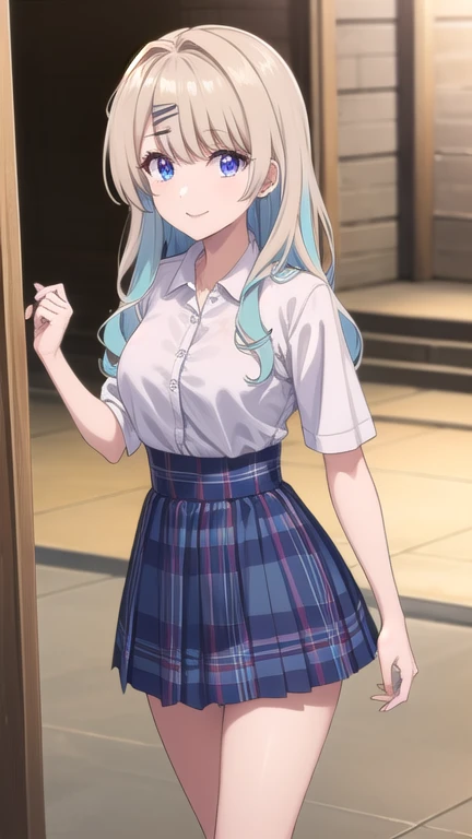 lunashirakawa, luna shirakawa, pelo largo, blue eyes, pelo rubio, adorno para el pelo, arco, pelo multicolor, Pinza para el cabello, sonrisa,
ROMPER skirt, camisa, muslos, arco, , white camisa, falda plisada, zapatos, black muslos, arcotie, falda azul, tartan, tartan skirt, mocasines, purple arco, ropa alrededor de la cintura, mejorar, purple arcotie,
ROMPER looking at viewer,
ROMPER indoors, aula, (tiro de vaquero:1.5),
ROMPER (Obra maestra:1.2), mejor calidad, high resolution, fondo de pantalla de unidad 8k, (illustration:0.8), (hermosos ojos detallados:1.6), cara extremadamente detallada, Perfect lighting, CG extremadamente detallado, (manos perfectas, perfect anatomy),