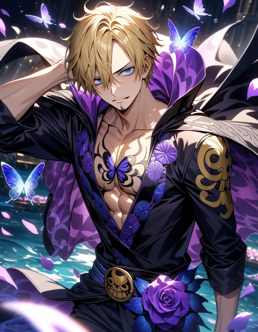 Ultra detailed, HDR, Highres, absurdres, master piece, Sanji, blond hair, expressive blue eyes, black cape with patterns, One Piece, purple glittering butterflies, purple ice, petals, purple ice roses, sexy man, solo, extremely detailed face and eyes, handsome, glittering, water, white tight shirt, toned chest,