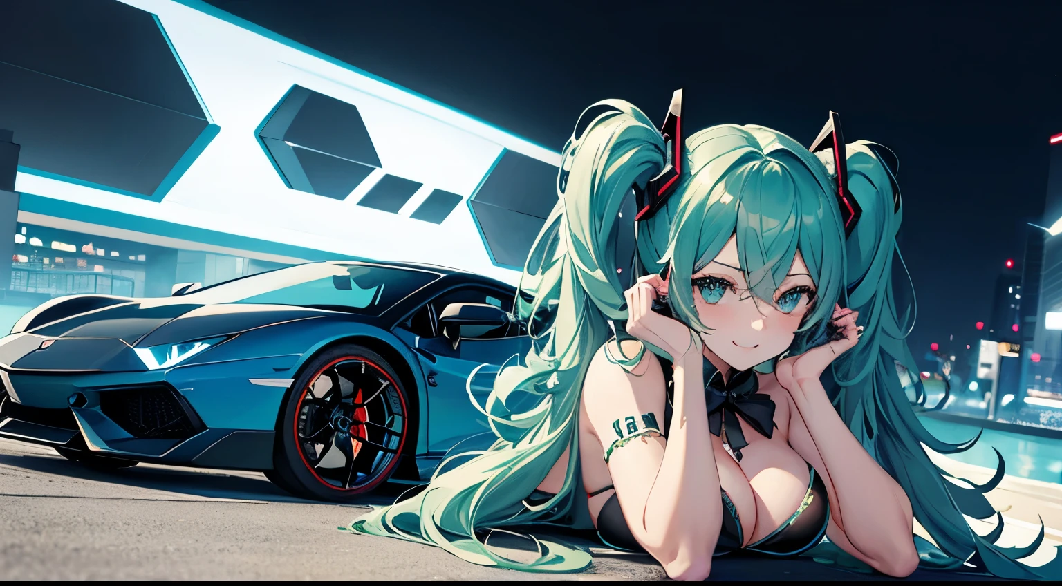 Drive a Lamborghini、Cute girl winking in bikini、Hatsune Miku、Large Breasts、Night view、8K、Beautiful eyes
