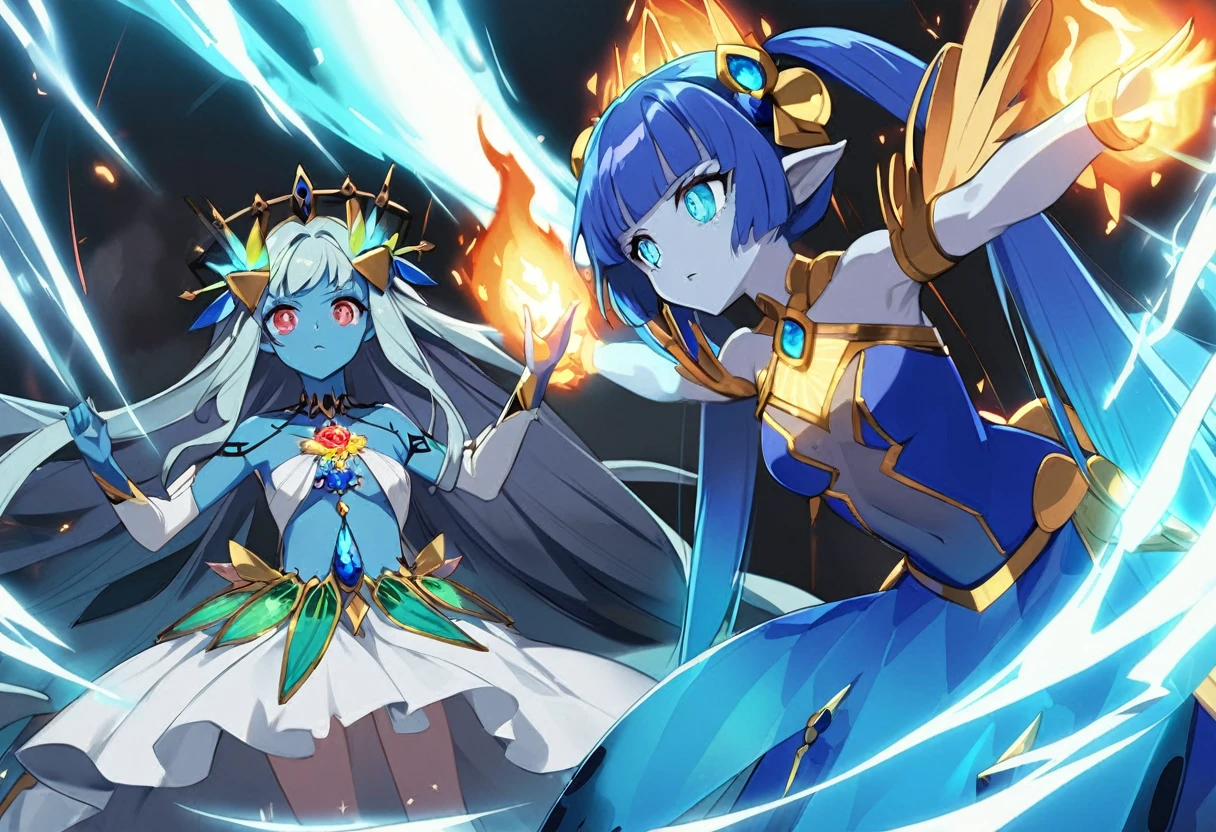 (2 subjects) (Subject 1: Cryptic girl in an action pose descending from the sky) and her companion (subject 2: a blue skinned water nymph, jewel adorned) combine their powers to fire an energy