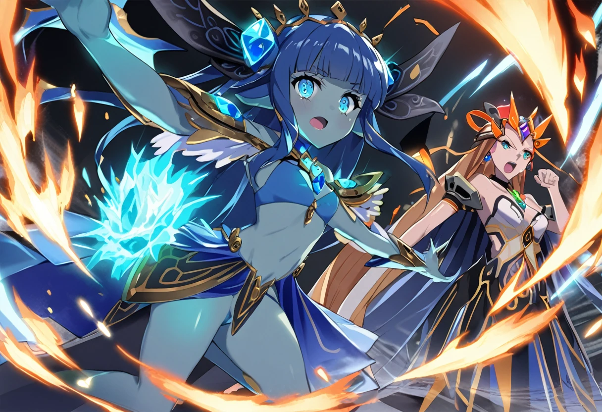 (2 subjects) (Subject 1: Cryptic girl in an action pose descending from the sky) and her companion (subject 2: a blue skinned water nymph, jewel adorned) combine their powers to fire an energy