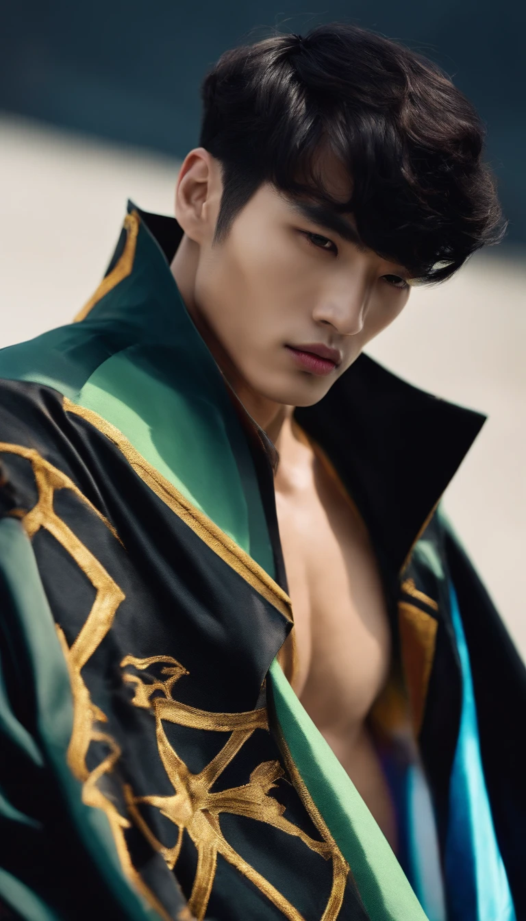 Fashion photo of Korean male model with black undercut hair, muscular body, wearing flash cinematic style cape jacket