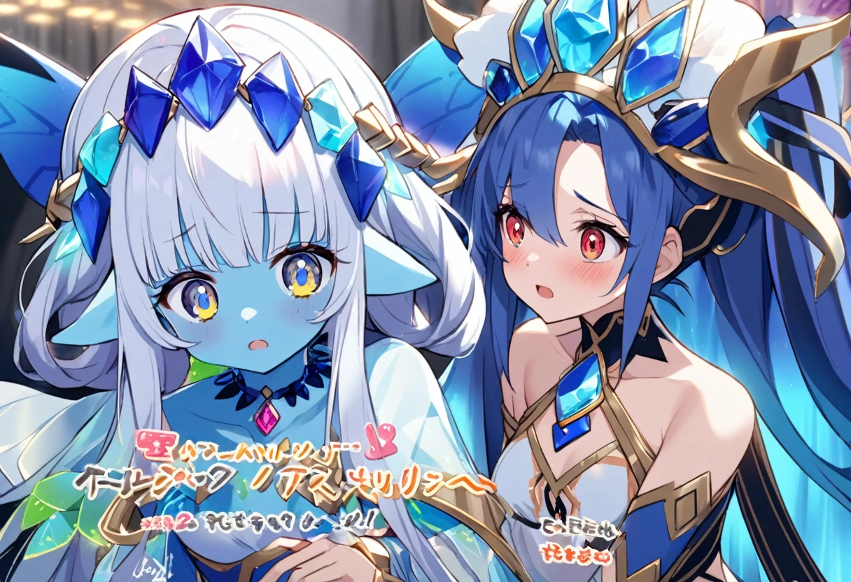 (2 subjects) (Subject 1: Cryptic girl in an action pose descending from the sky) and her companion (subject 2: a blue skinned water nymph, jewel adorned) decide a shy boy is uwu