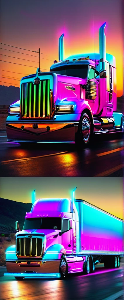 'TruckersRule' Show Trucks:
Outstanding paint scheme. Great graphics. The chassis hugs the road, emphasizing stability. Custom rims spin smoothly, neon lighting. 
Truckers_Rule Trucks are magnificent. They're a highway dream beauty.
Matching trailer as well, tilted frame, fantastic