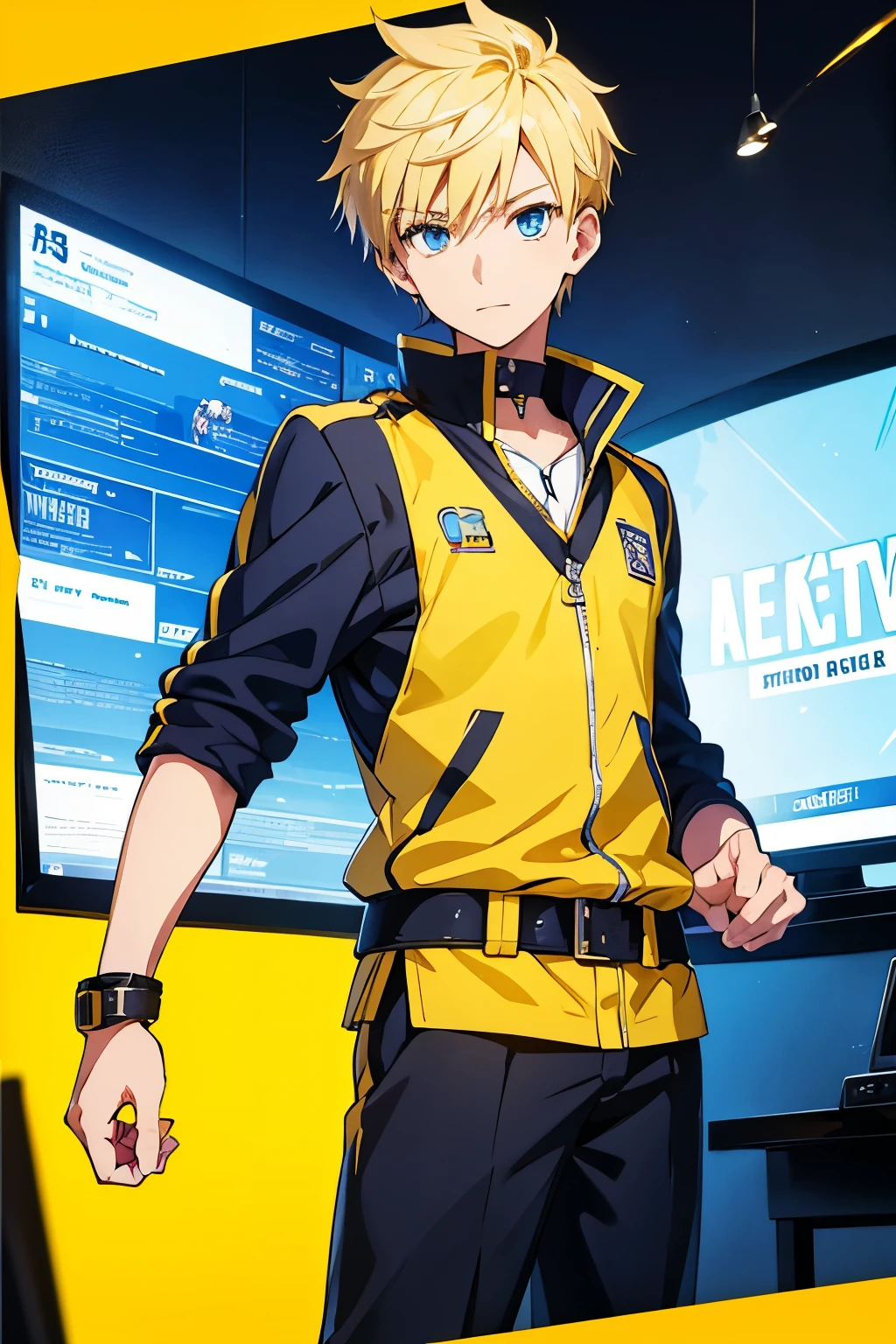 Teenage Male, Blonde Spike Hair, Blue Eye, TV Card, Yellow High School Outfit, TV World Theme Background, Happy Emotion mood, Anime, Masterpiece.