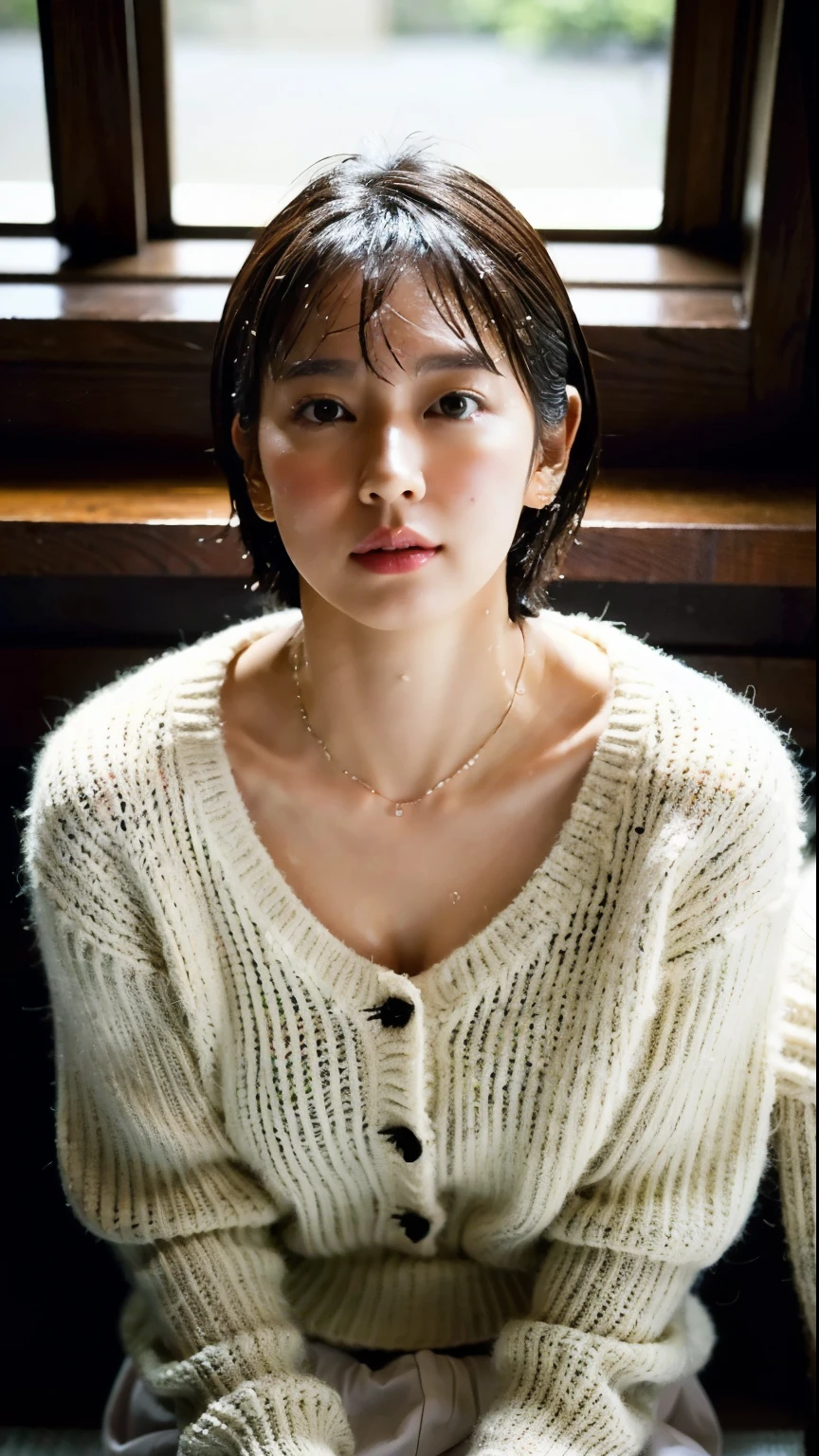 (highest quality, 8k, 32k, masterpiece, Ultra-high resolution: 1.2), Cute Japanese Women Photos, big, Very short bob hair, Upper Body, Face Focus, Extra Large_sweater, necklace, Simple Background, From above, The audience watching, Small and hard nipples, Wet clothes, Beautiful lower body