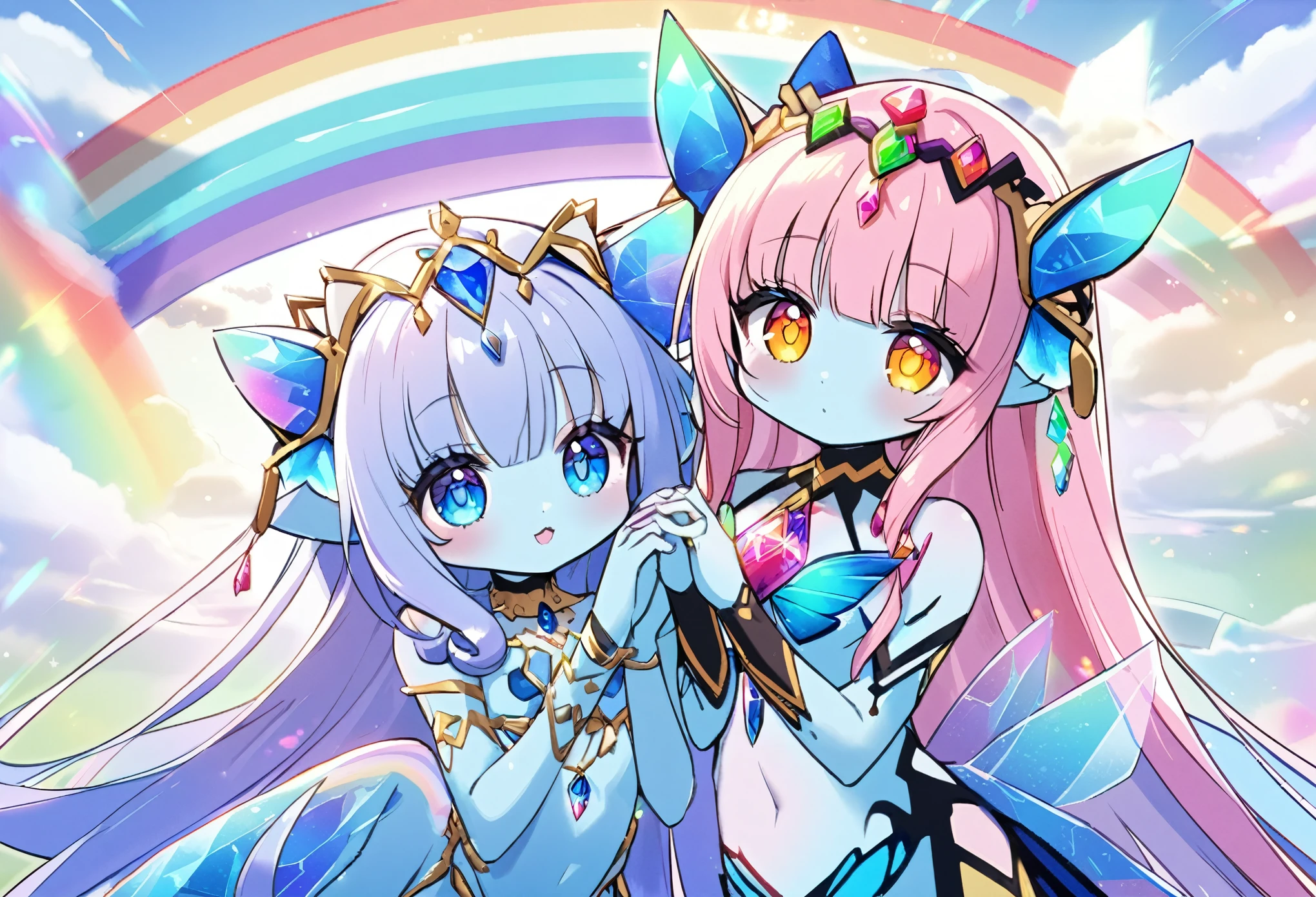 (2 subjects) (Subject 1: Cryptic girl in an action pose descending from the sky) and her companion (subject 2: a blue skinned water nymph, jewel adorned) have rescued a cute rainbow crystal kitty cat