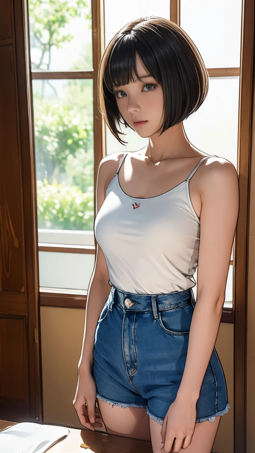 (masterpiece, High resolution, highest quality:1.3), 8k, Very detailed, Complex, Clear images, Sharp focus,photograph, 8K, ((camisole,mini skirt,Earrings)),soifon, alone, young woman, 20-year-old, Curvy,Thin eyebrows,Blue eyes,White skin,Black Hair,Medium Hair, Slender body, Emotionless,Hair intake, View your audience, Cowboy Shot, Perfect Eyes, Perfect Face, Ultra detailed hair, Medium breast,