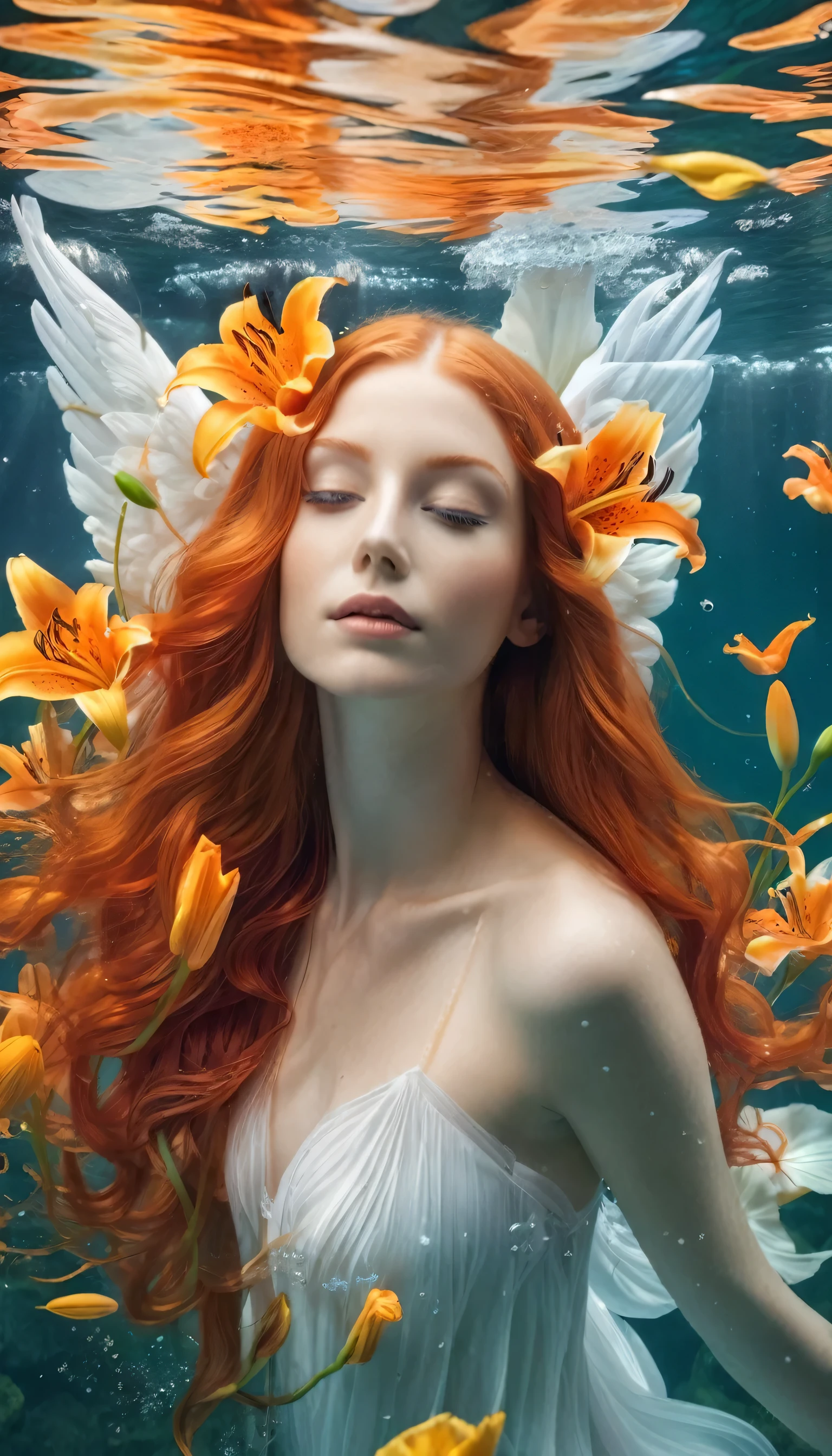 girl underwater, long red flowing hair, angel wings, orange yellow and white lily flowers
