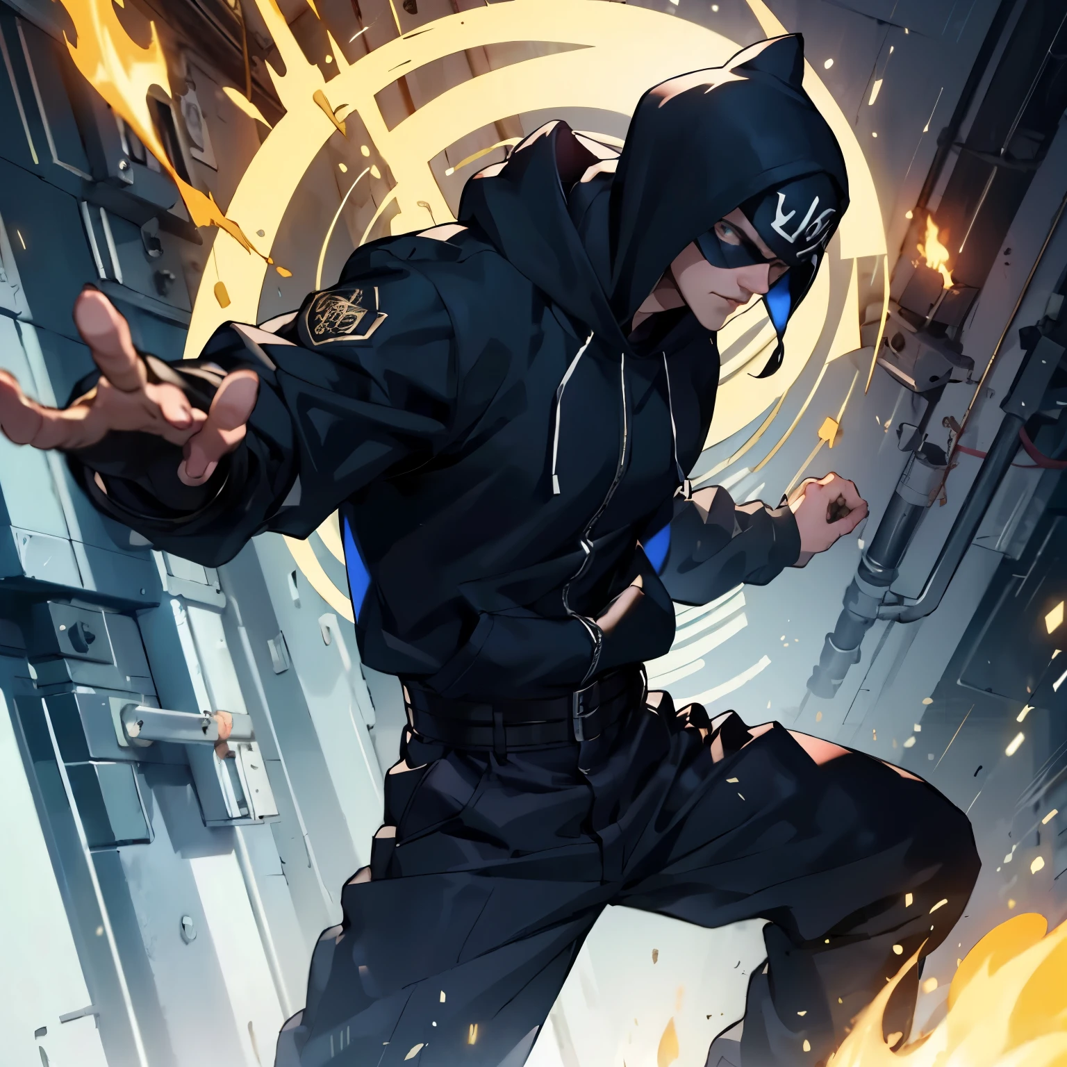 homem adulto, 19 anos, com cabelos pretos claros e olhos cinzentos.. The man is wearing a black balaclava. Ele tem uma camisa de manga longa preta., Ele tem luvas pretas, black pants, cinto marrom. Otimismo. alma lutadora. pose de homem. Creating fire in your hands. Fundo cyber