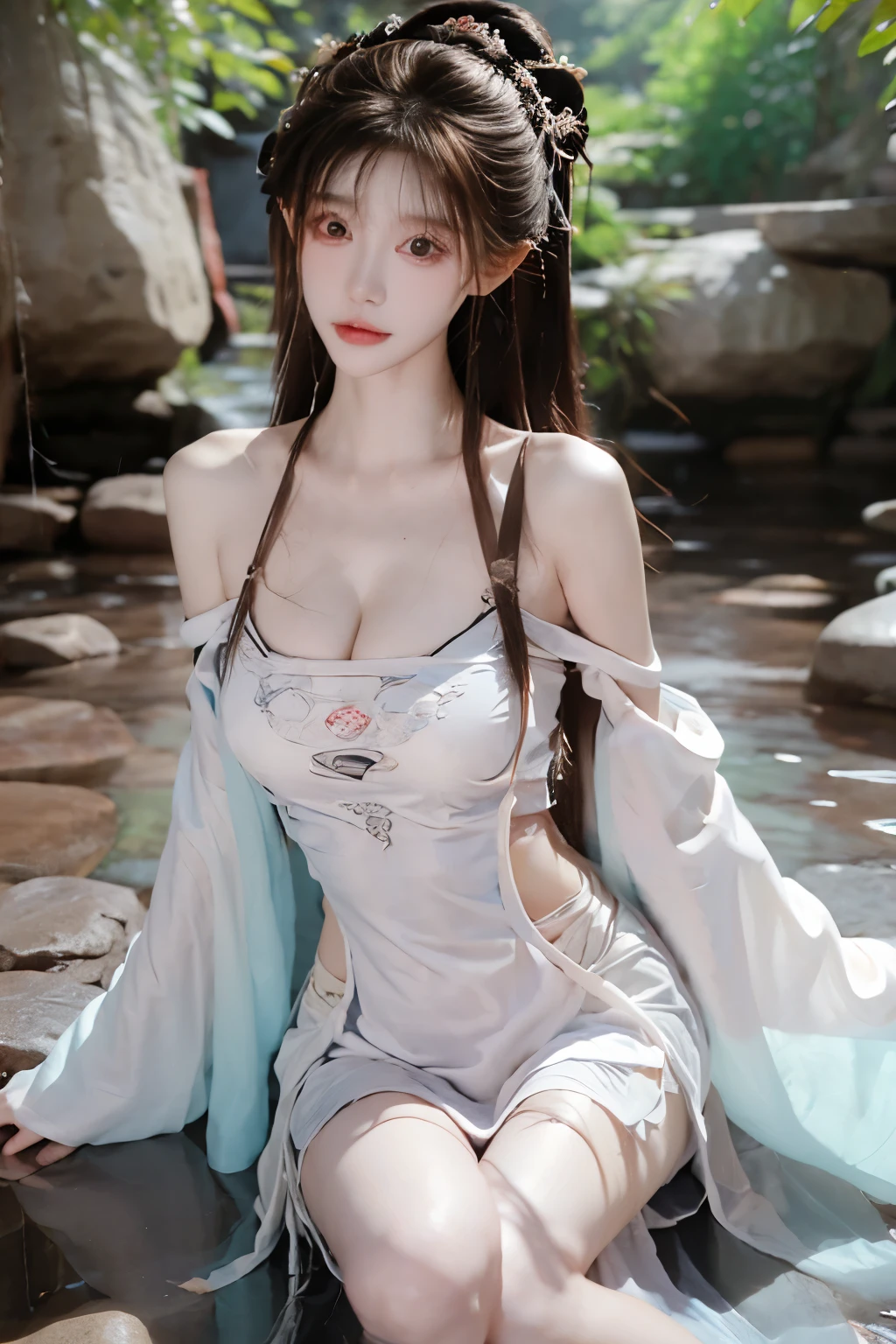 Beautiful woman with perfect body：1.4，Layered Hairstyle，Prominent cleavage，Highly detailed face and skin textures，Double eyelids，Skin Whitening，Long hair，Whitened long legs，（Black low-cut Hanfu）Stand by the river