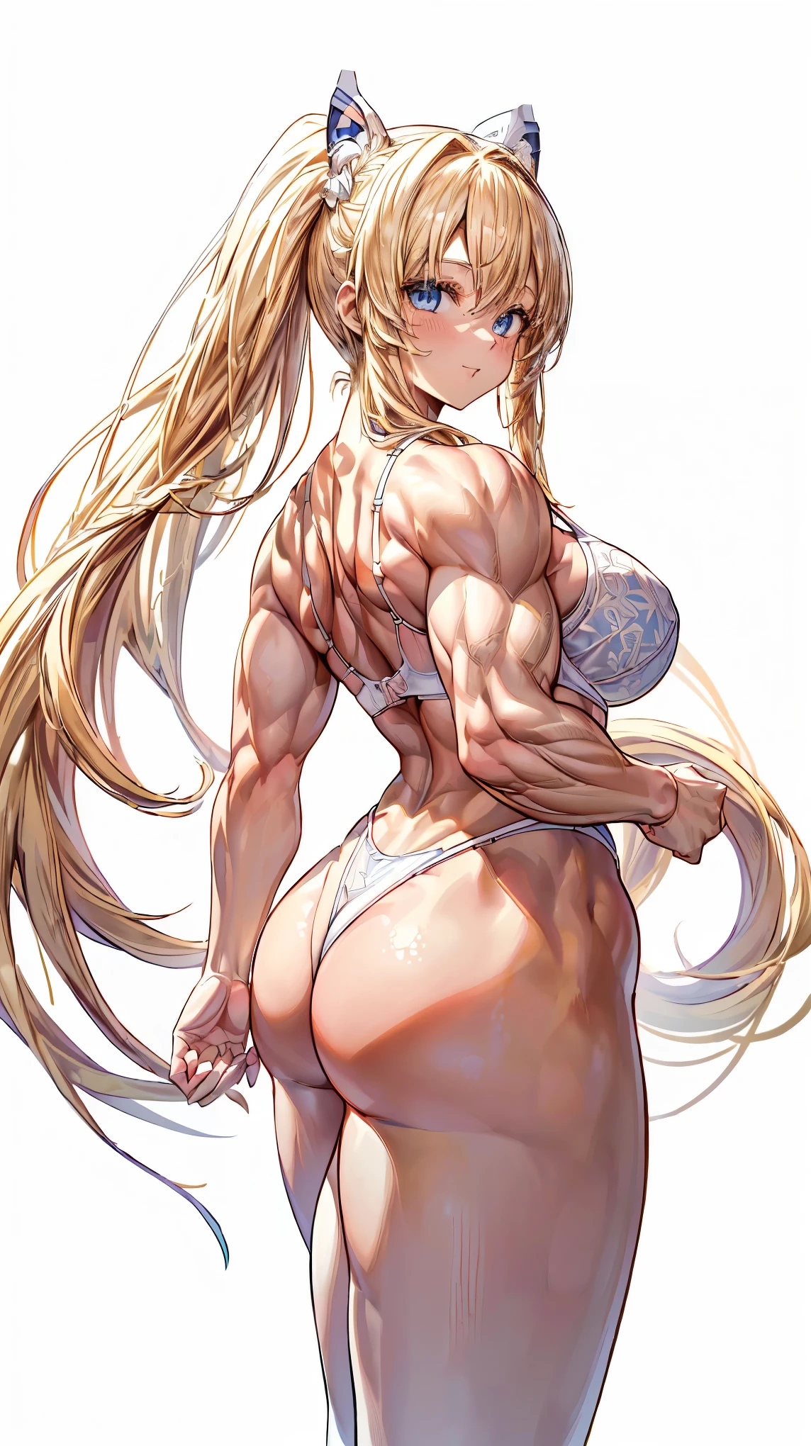 Very detailed、highest quality、Best image quality、masterpiece、8k、Anime Face、A kind smile、(Open your mouth:1.3)、Sparkling blue eyes、(Blonde semi-long hair:1.5)、(Muscles of the whole body:1.3)、(highleg:2.0)、(Thong:1.5)、Thigh belt、(Cowboy Shot:1.5)、(SFW Giant)、(Thick body:1.2)、(bra:1.5)、(sxspnts)、(Rear view:1.5)、(Pure white background:1.5)