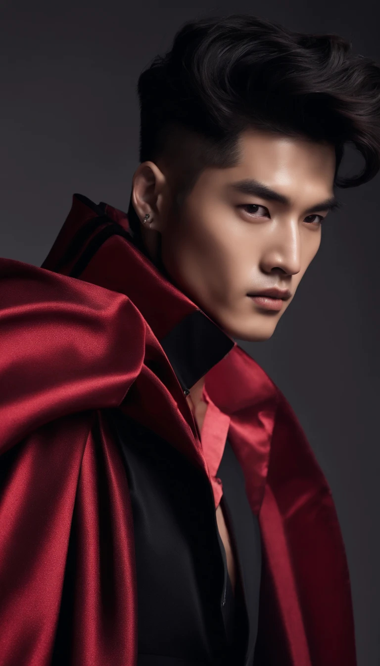 Fashion photo of Korean male model with black undercut hair, muscular body, wearing flash cinematic style cape jacket